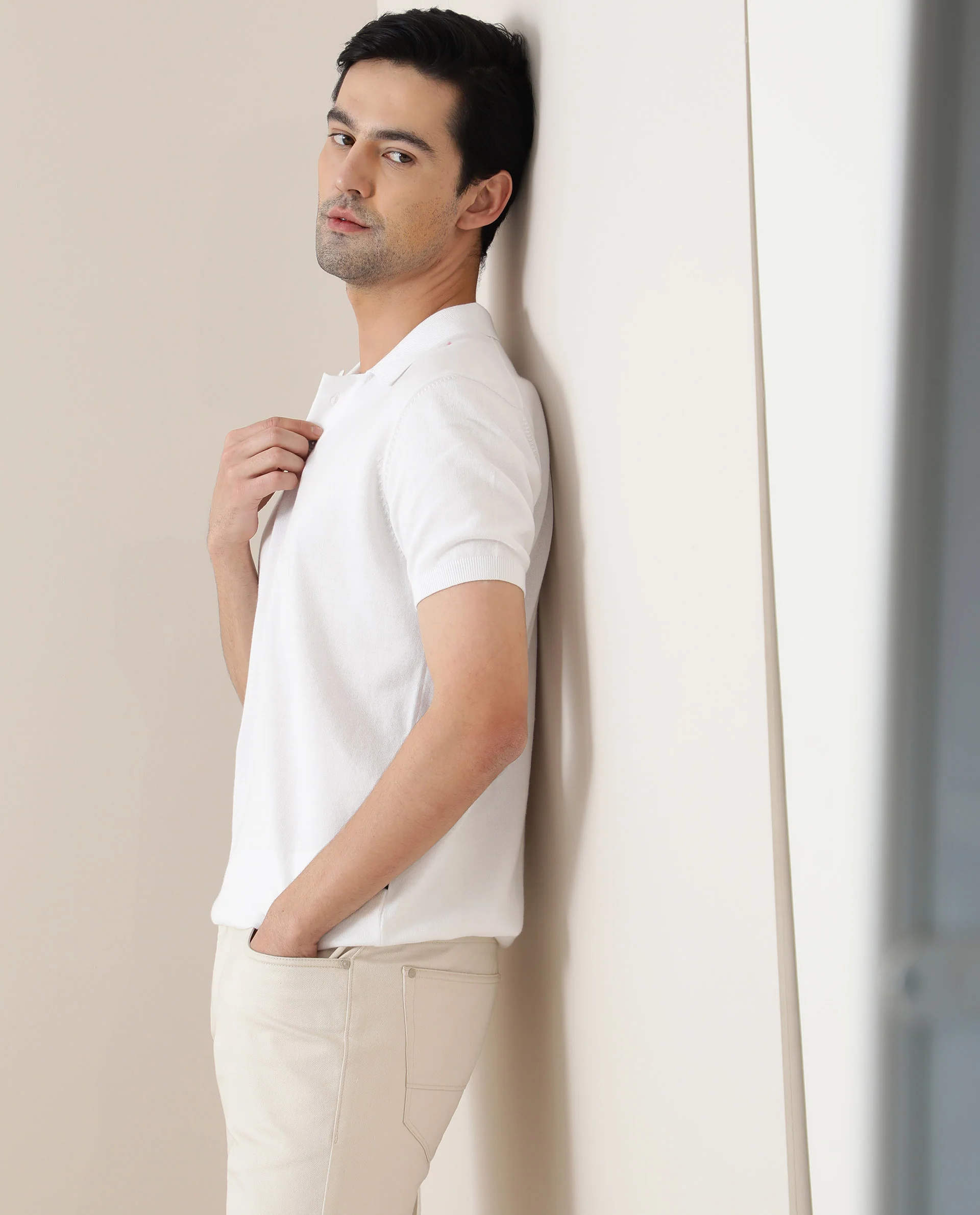 Rare Rabbit Men's Noah White Cotton Plain Slim Fit Half Sleeve Polo - Image 6