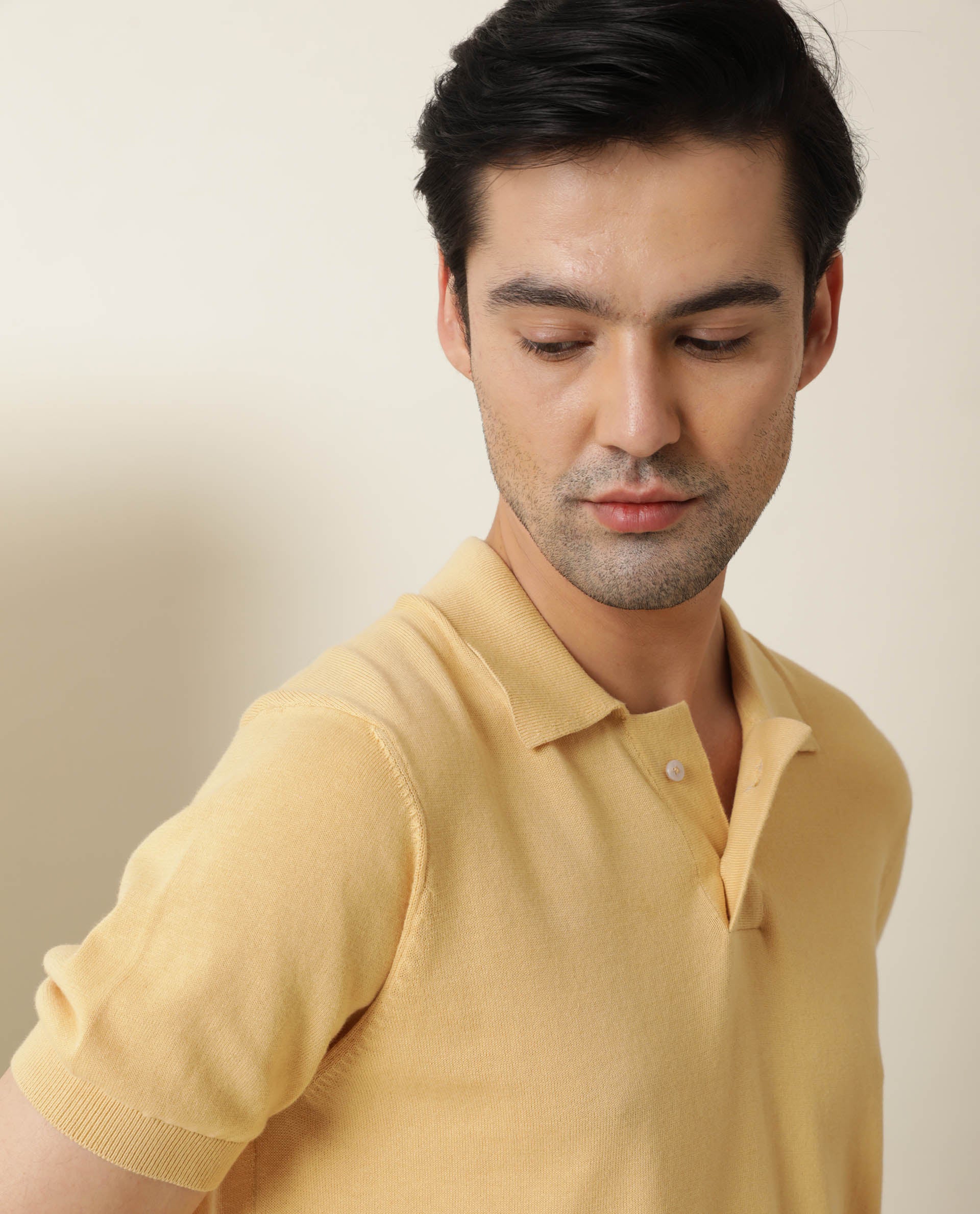 Rare Rabbit Men's Noah Yellow Cotton Plain Slim Fit Half Sleeve Polo - Image 2
