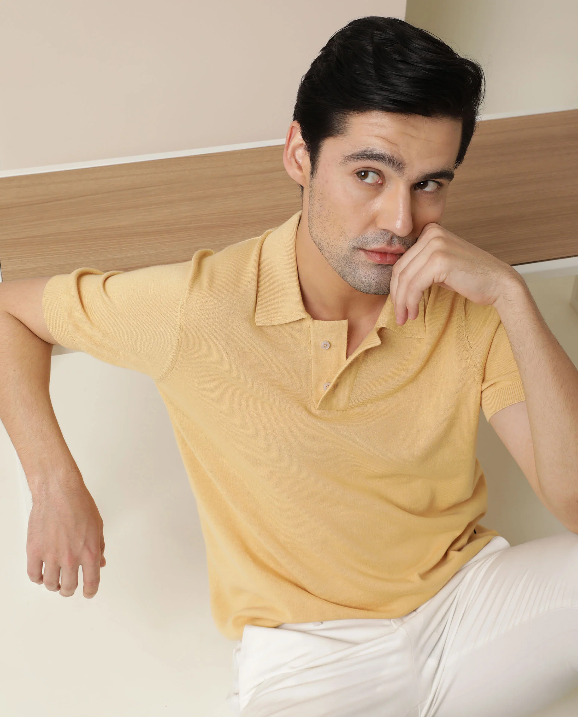Rare Rabbit Men's Noah Yellow Cotton Plain Slim Fit Half Sleeve Polo - Image 6
