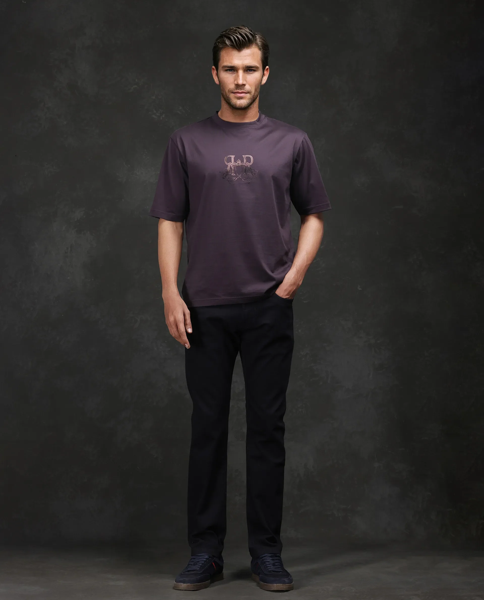 Rare Rabbit Men's Noah Dark Purple Cotton Graphic Print Barcelone Fit Half Sleeve Crew Neck T-Shirt - Image 2