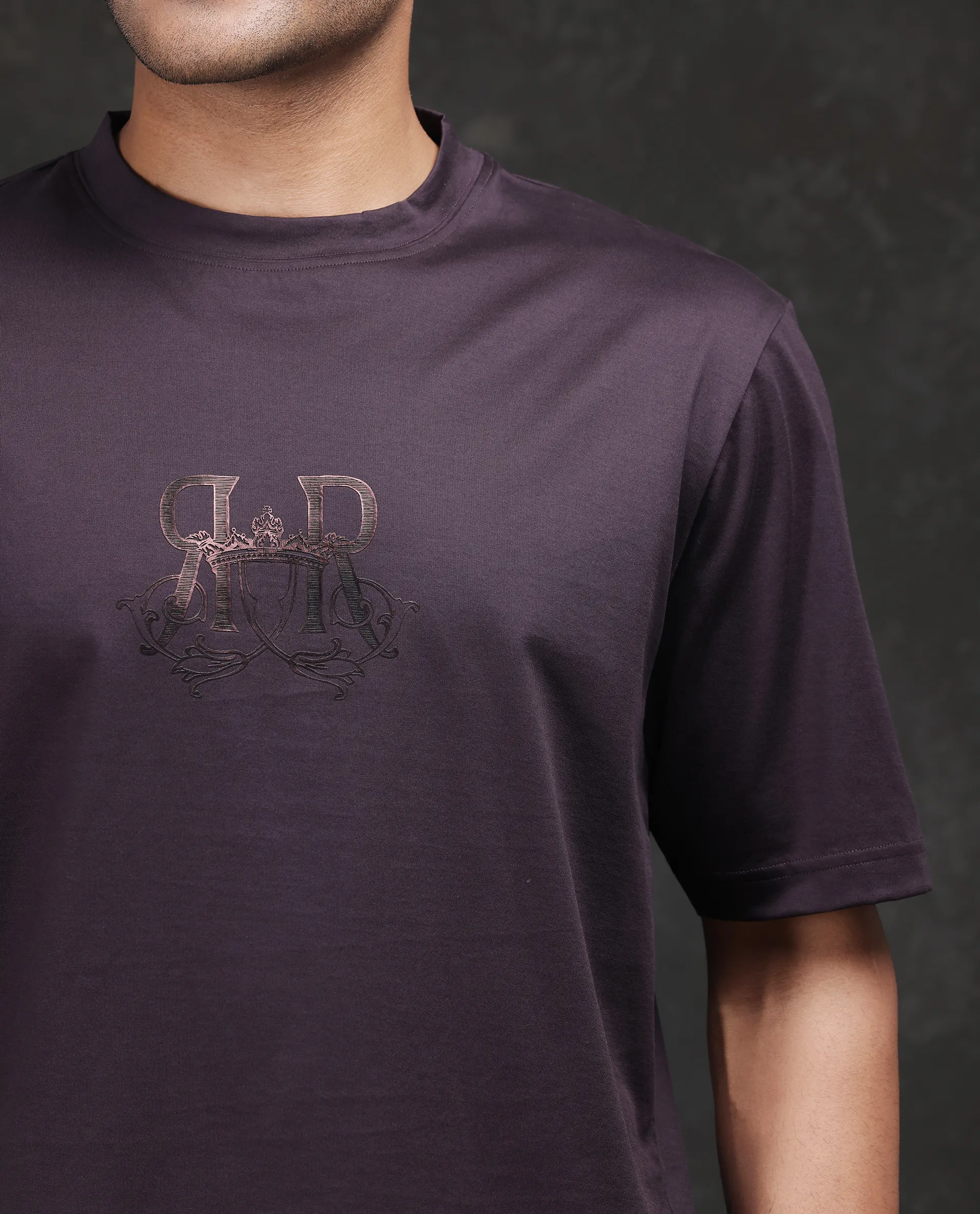 Rare Rabbit Men's Noah Dark Purple Cotton Graphic Print Barcelone Fit Half Sleeve Crew Neck T-Shirt - Image 3