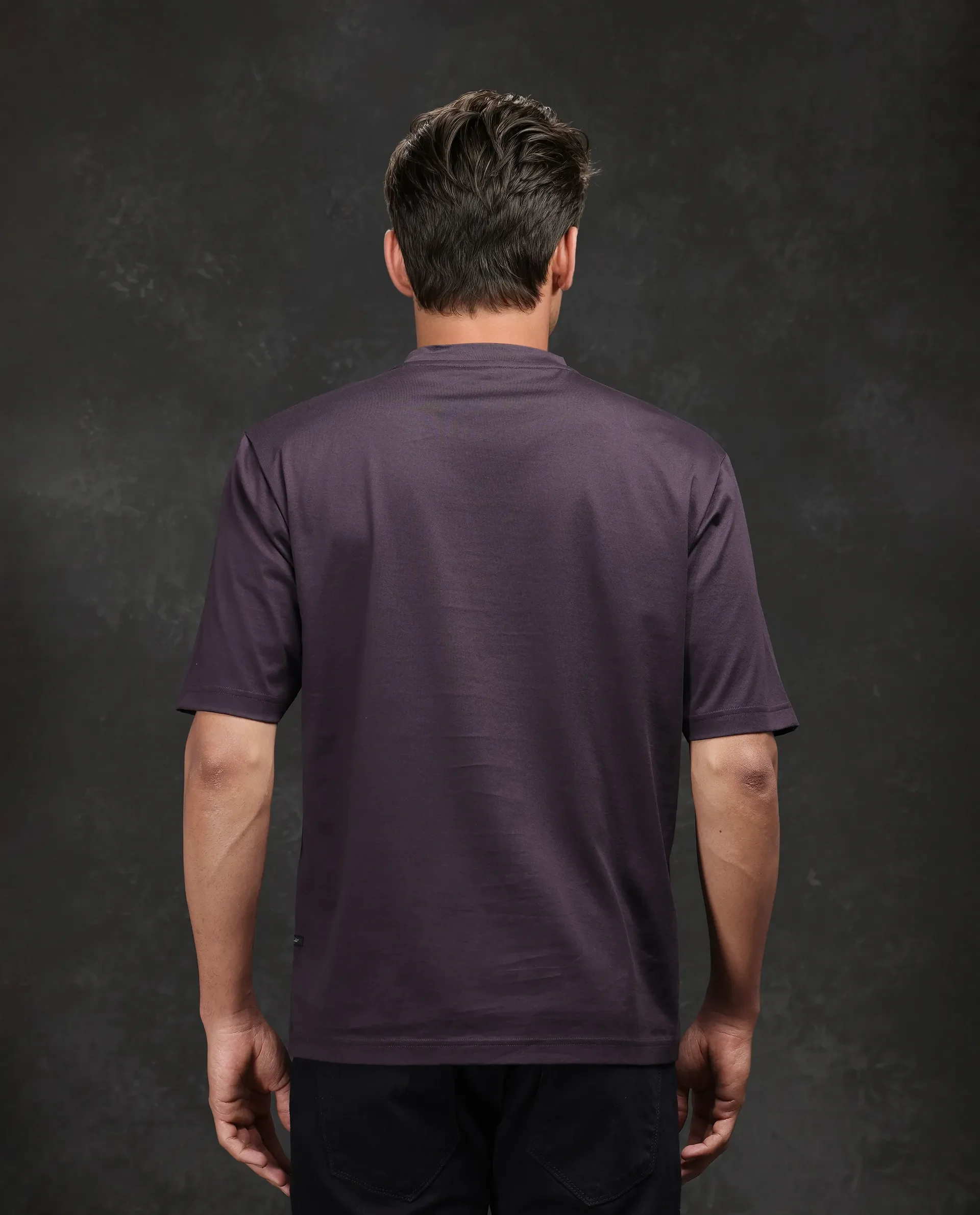Rare Rabbit Men's Noah Dark Purple Cotton Graphic Print Barcelone Fit Half Sleeve Crew Neck T-Shirt - Image 4