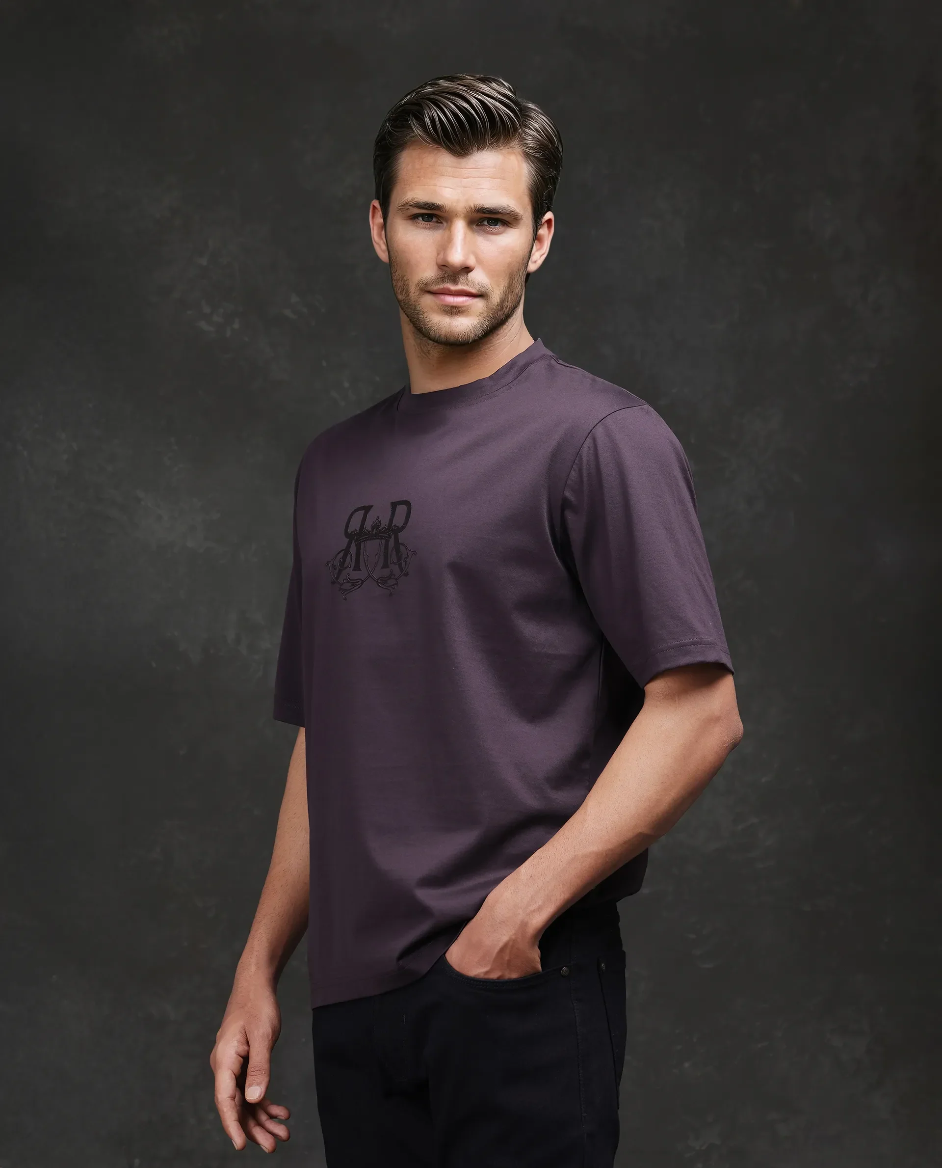 Rare Rabbit Men's Noah Dark Purple Cotton Graphic Print Barcelone Fit Half Sleeve Crew Neck T-Shirt - Image 5