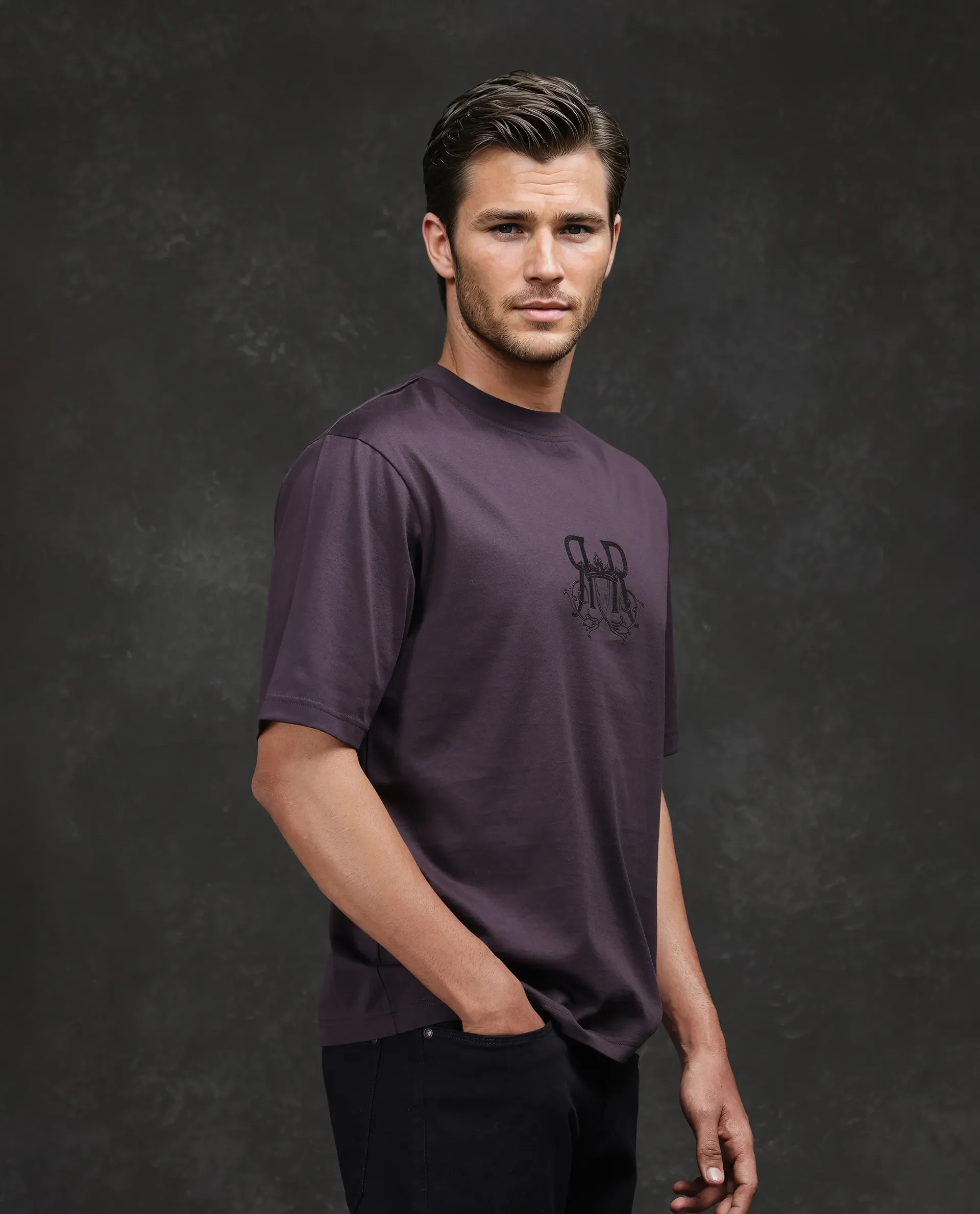 Rare Rabbit Men's Noah Dark Purple Cotton Graphic Print Barcelone Fit Half Sleeve Crew Neck T-Shirt - Image 6