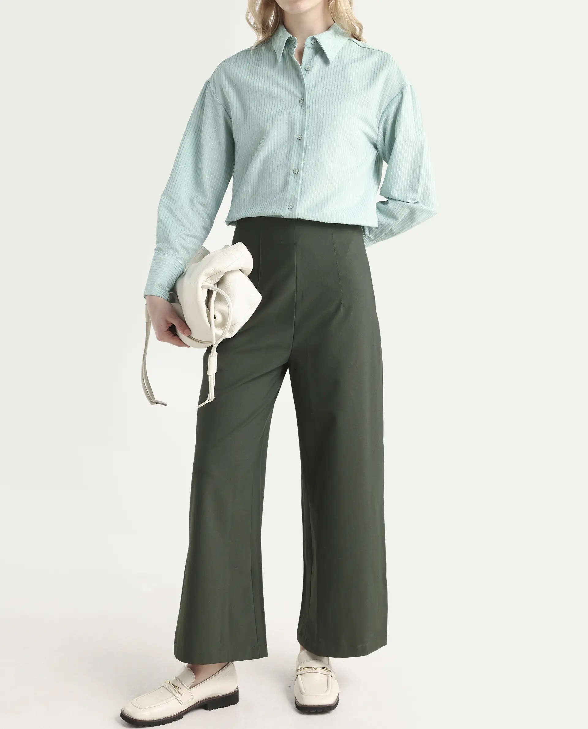 Rareism Women's Noahti Green Cotton Plain Ankle Length Wide Trouser