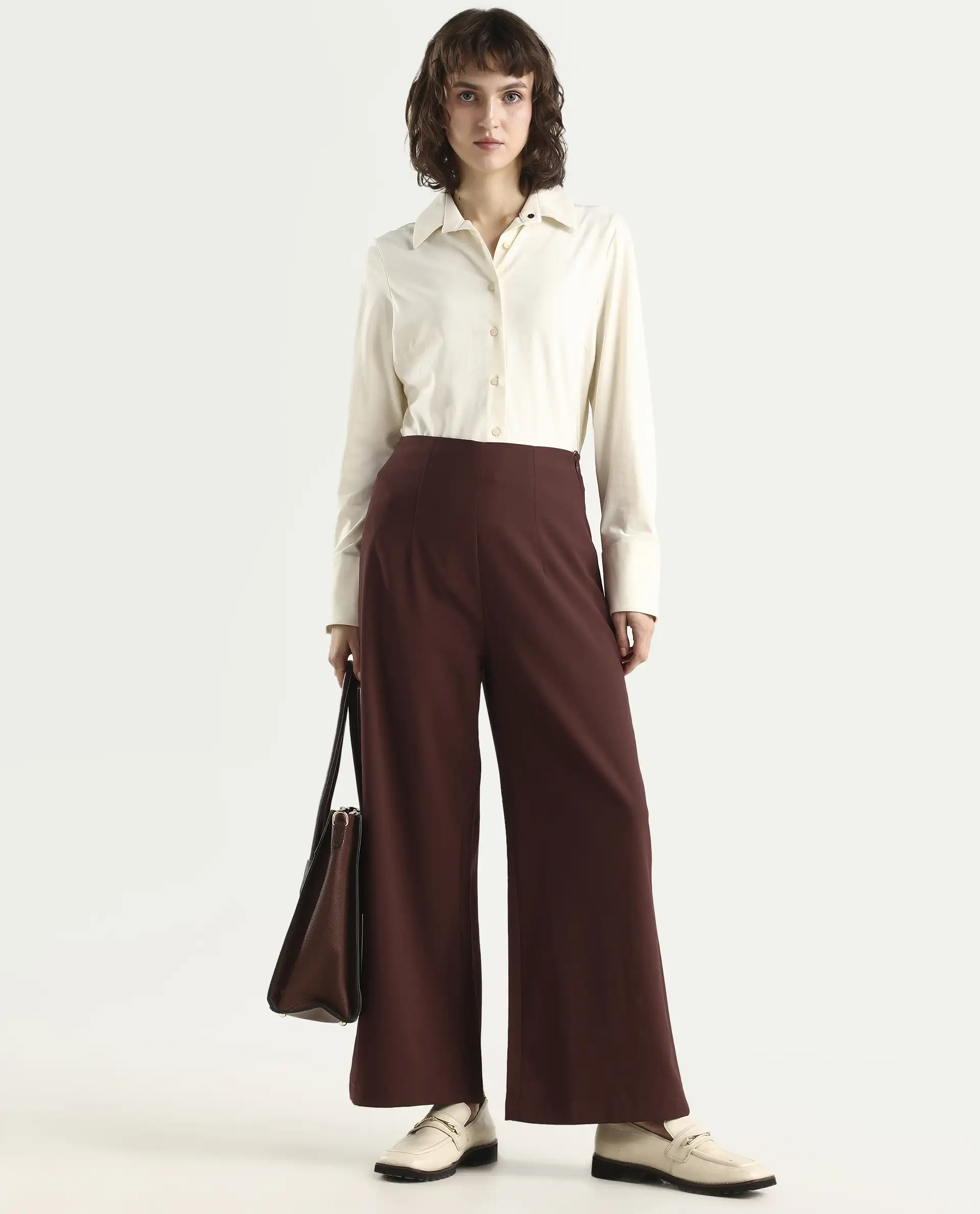 Rareism Women's Noahti Light Rust Cotton Plain Ankle Length Wide Trouser