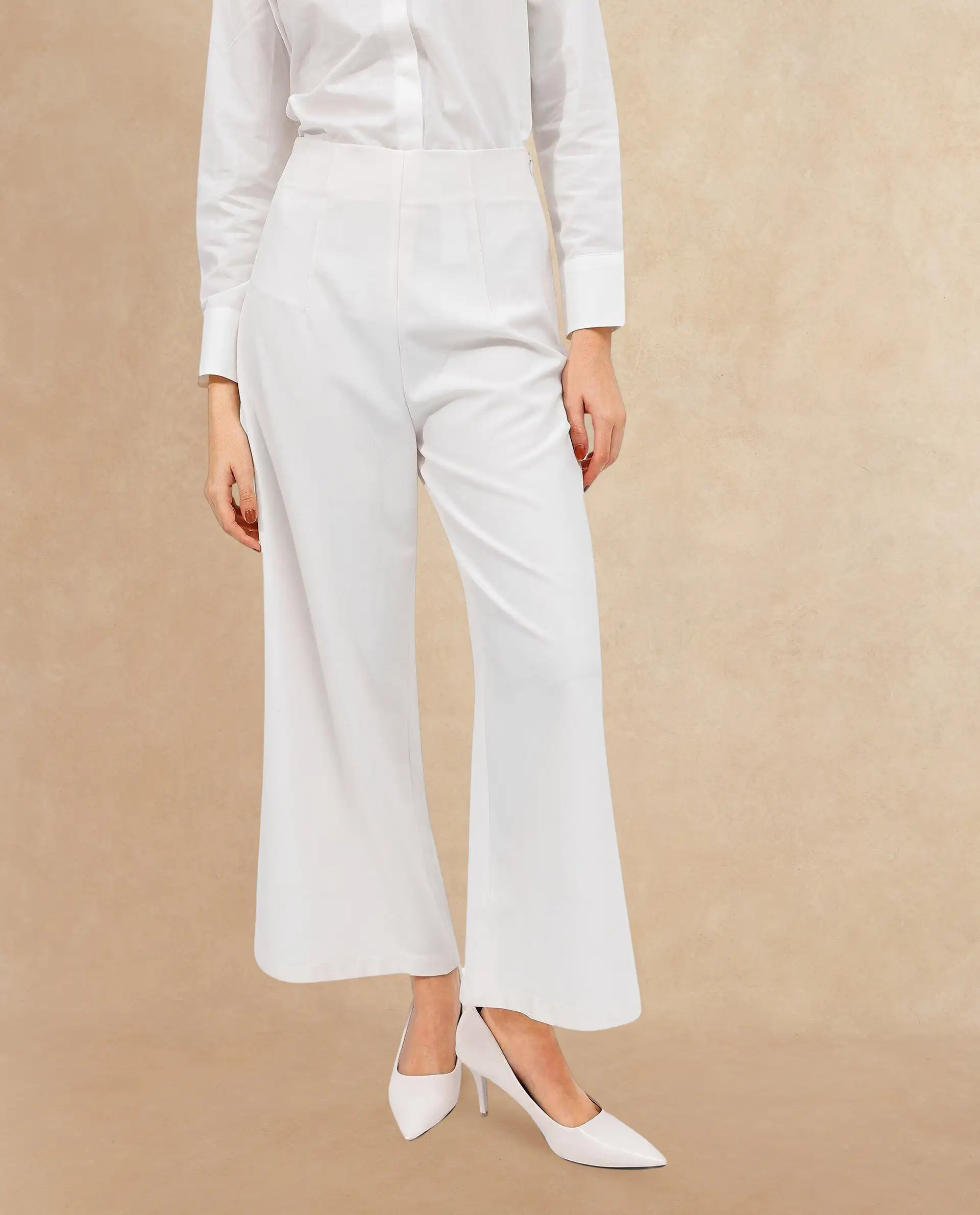 Rareism Women's Noahti White Cotton Plain Ankle Length Wide Trouser - Image 2