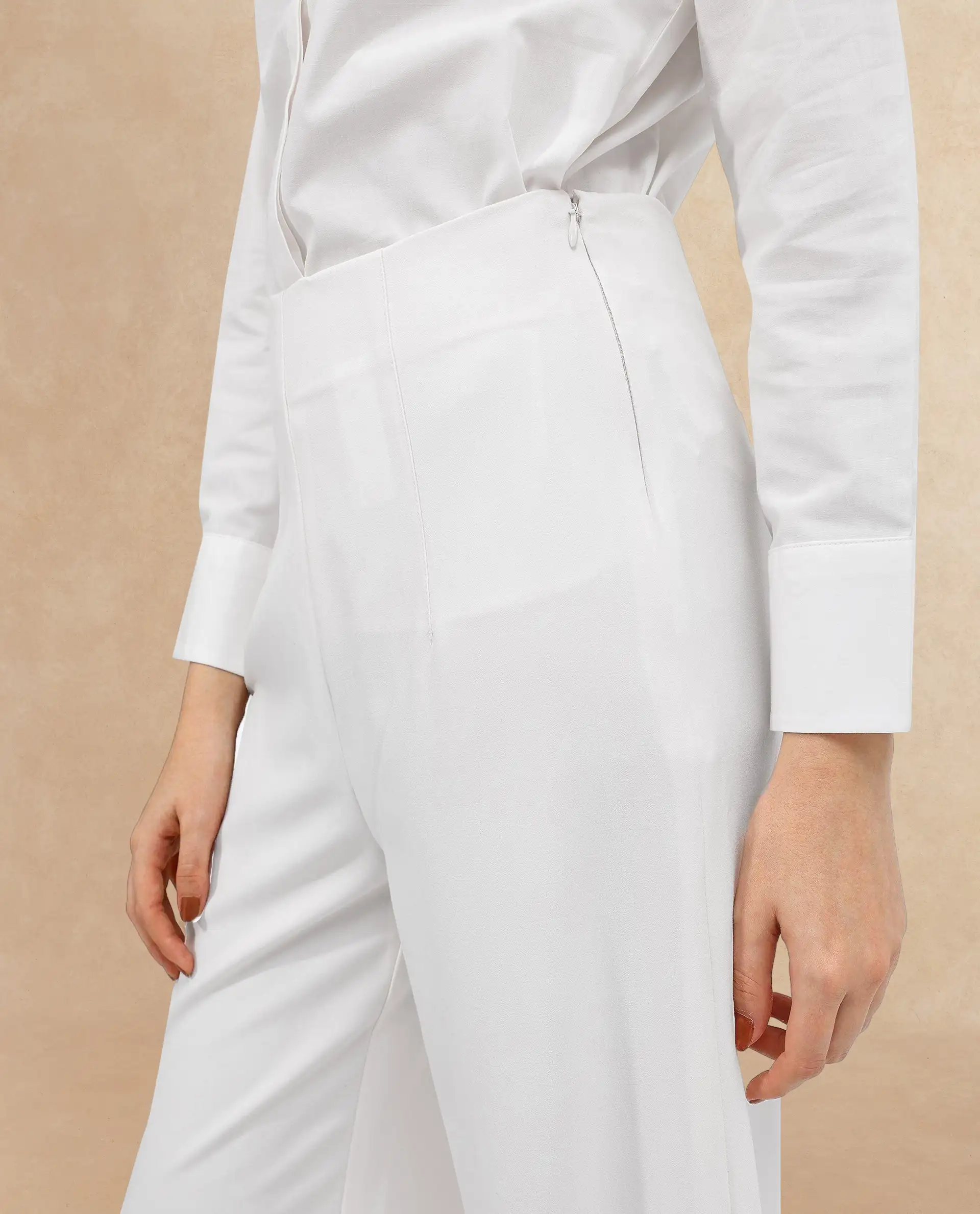 Rareism Women's Noahti White Cotton Plain Ankle Length Wide Trouser - Image 3