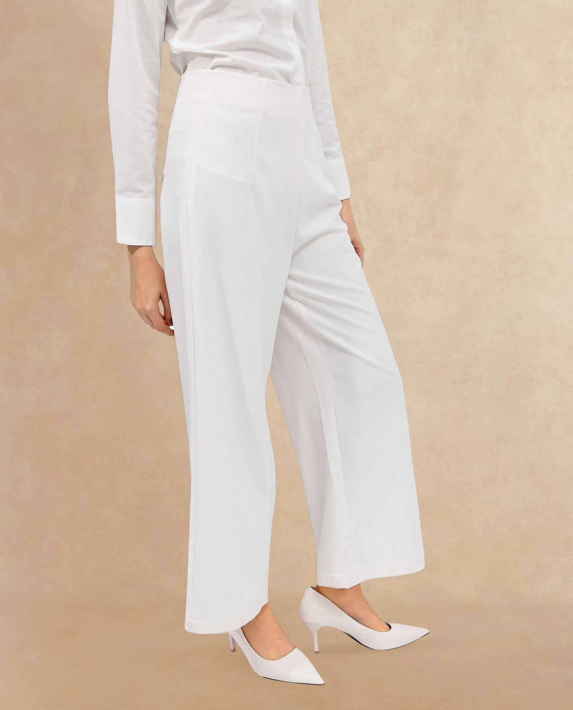 Rareism Women's Noahti White Cotton Plain Ankle Length Wide Trouser - Image 4