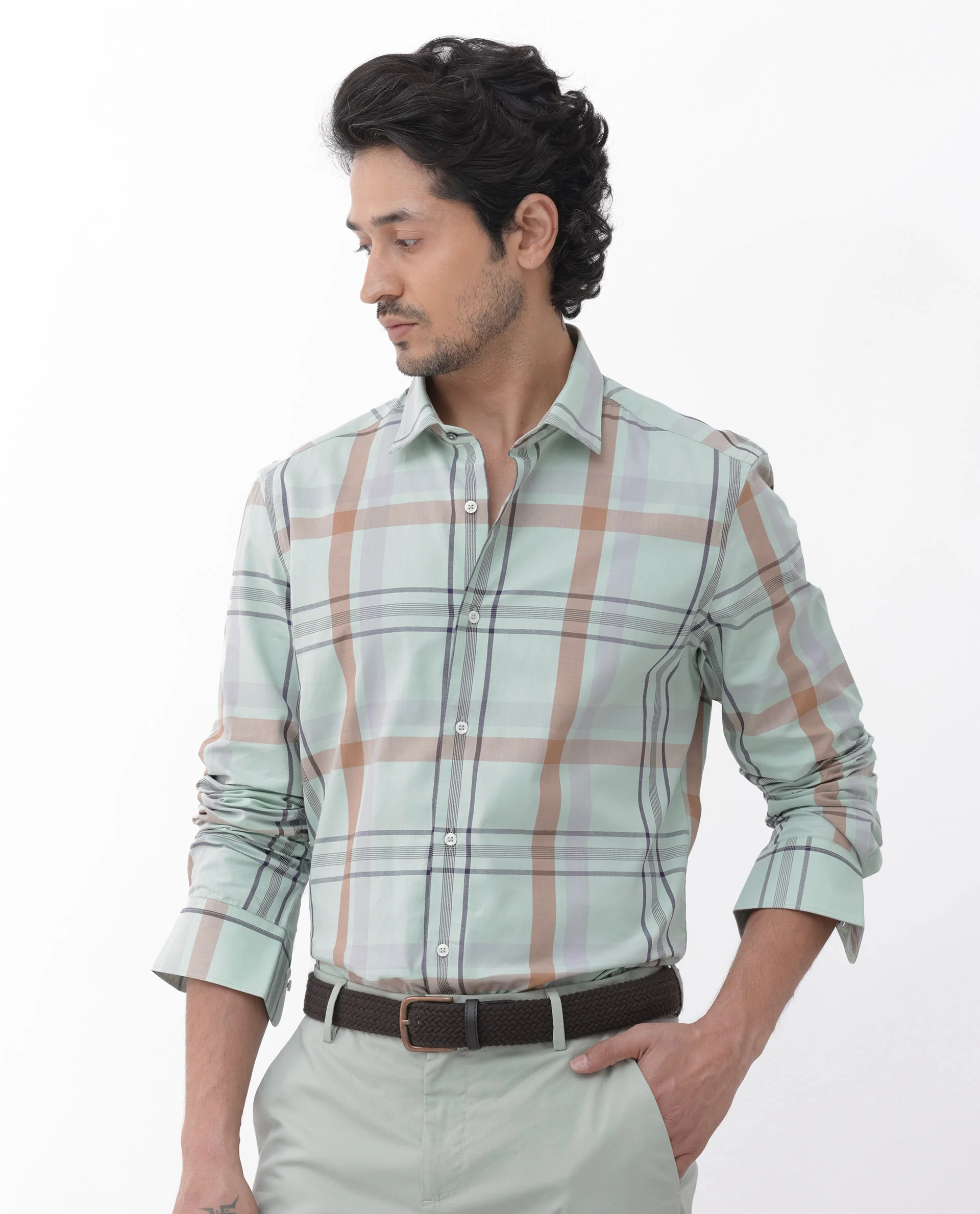 Rare Rabbit Men's Noan Dusky Green Cotton Checked Print Regular Fit Full Sleeve Collared Shirt - Image 3