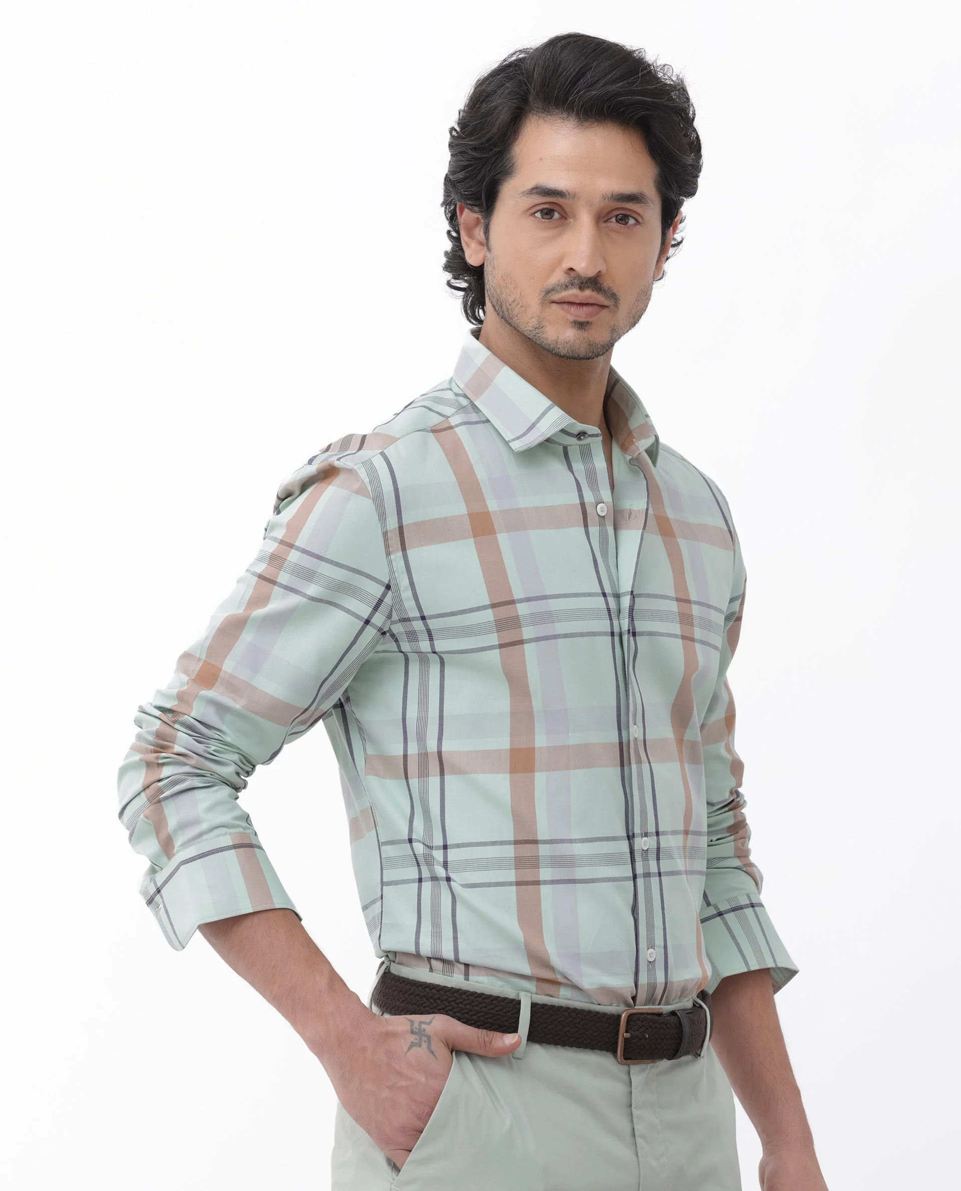 Rare Rabbit Men's Noan Dusky Green Cotton Checked Print Regular Fit Full Sleeve Collared Shirt - Image 4