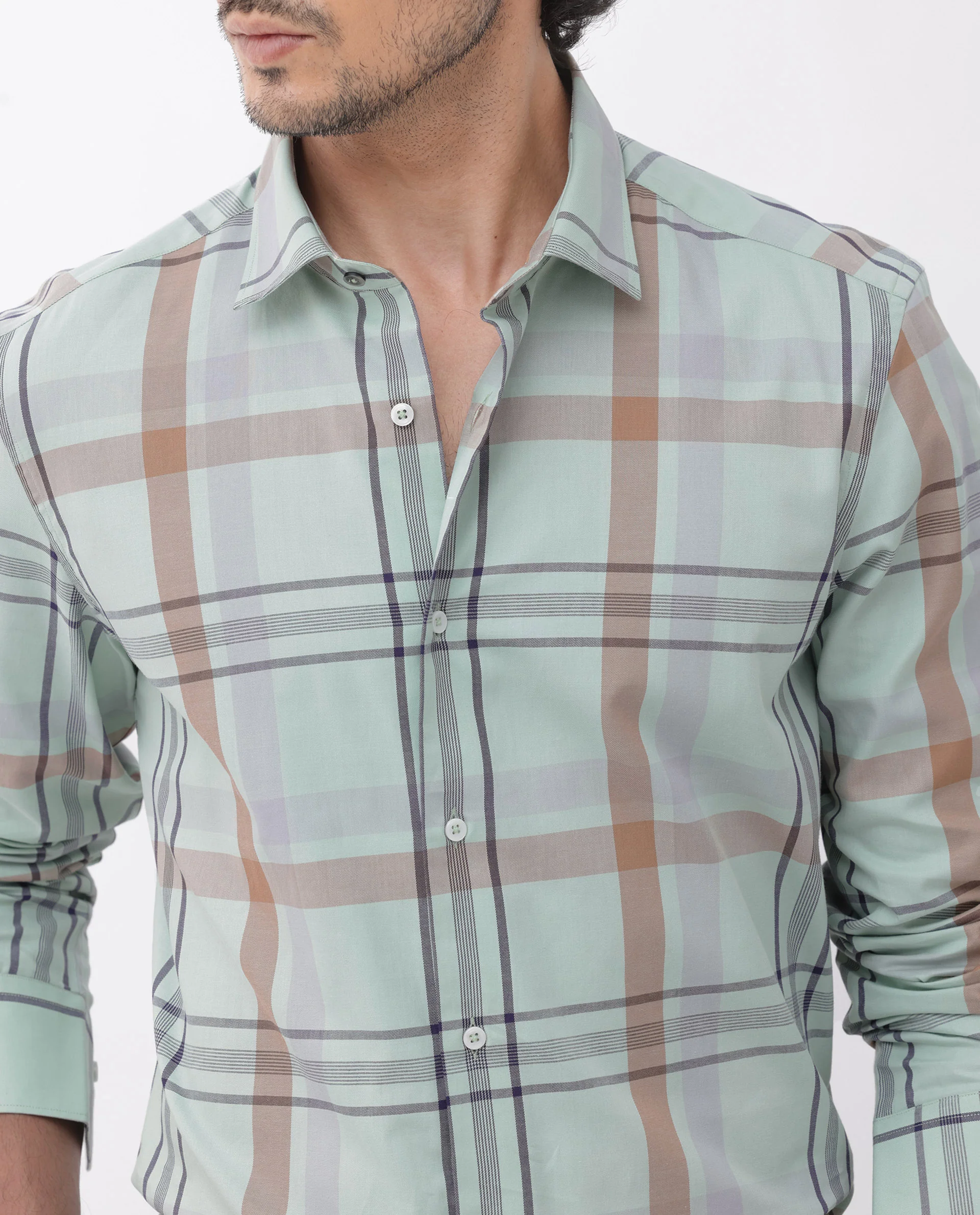 Rare Rabbit Men's Noan Dusky Green Cotton Checked Print Regular Fit Full Sleeve Collared Shirt - Image 5