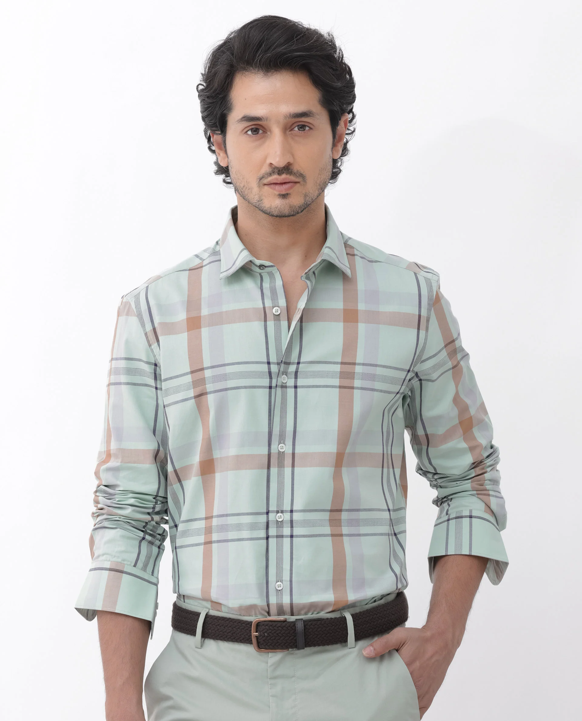 Rare Rabbit Men's Noan Dusky Green Cotton Checked Print Regular Fit Full Sleeve Collared Shirt - Image 6