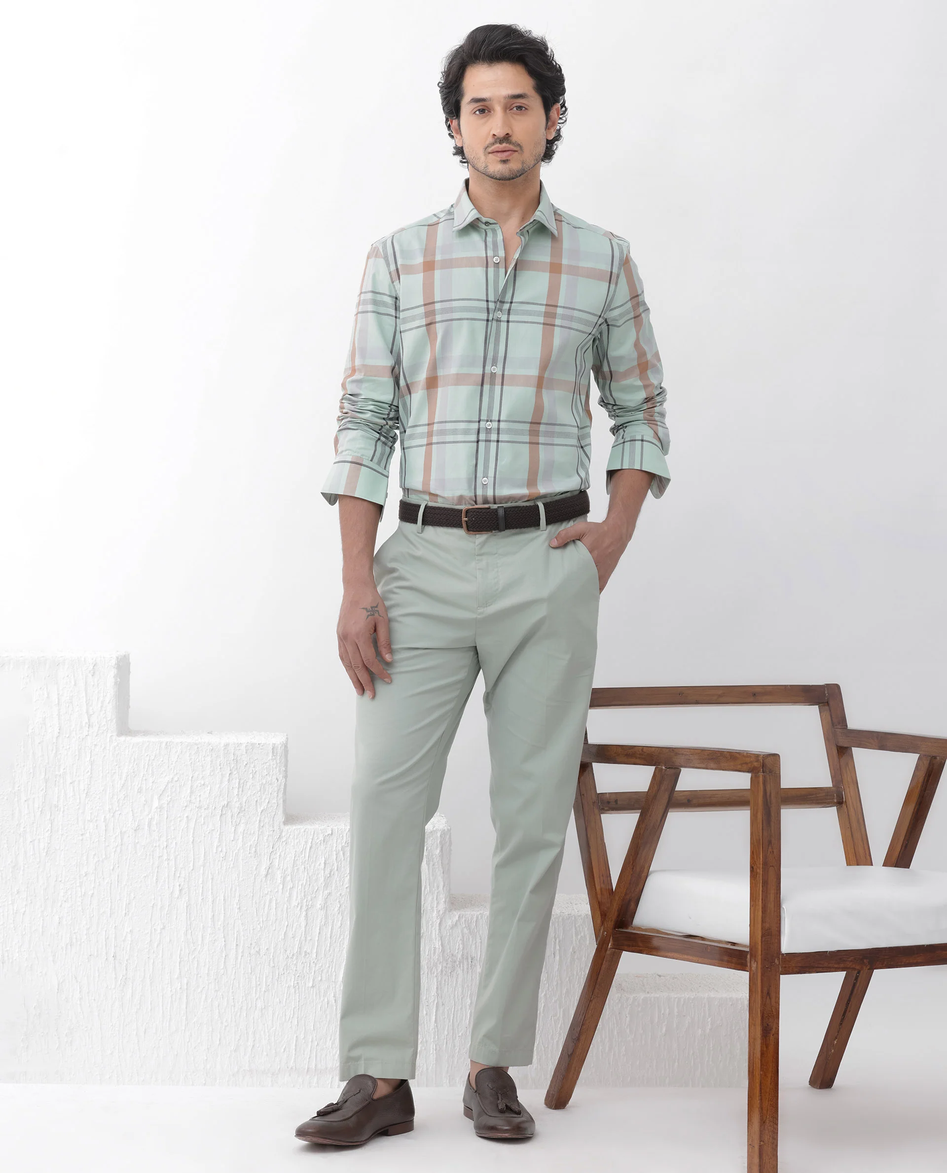 Rare Rabbit Men's Noan Dusky Green Cotton Checked Print Regular Fit Full Sleeve Collared Shirt - Image 7