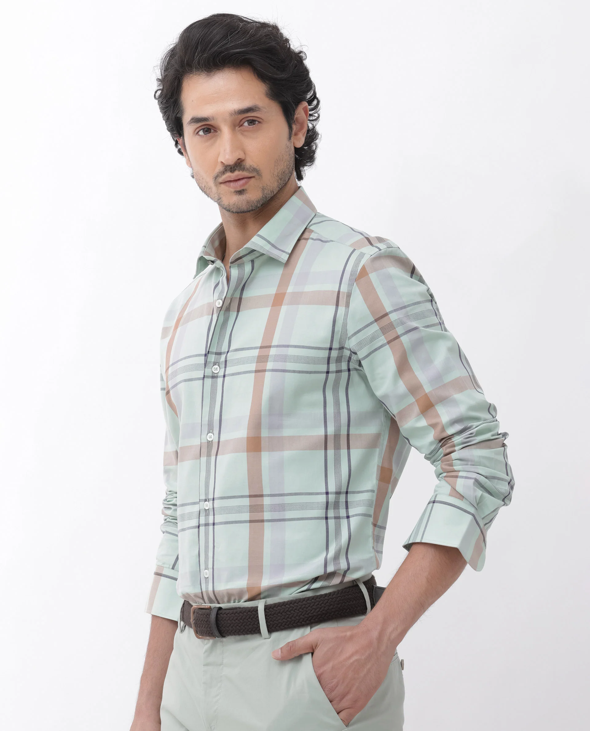 Rare Rabbit Men's Noan Dusky Green Cotton Checked Print Regular Fit Full Sleeve Collared Shirt - Image 8