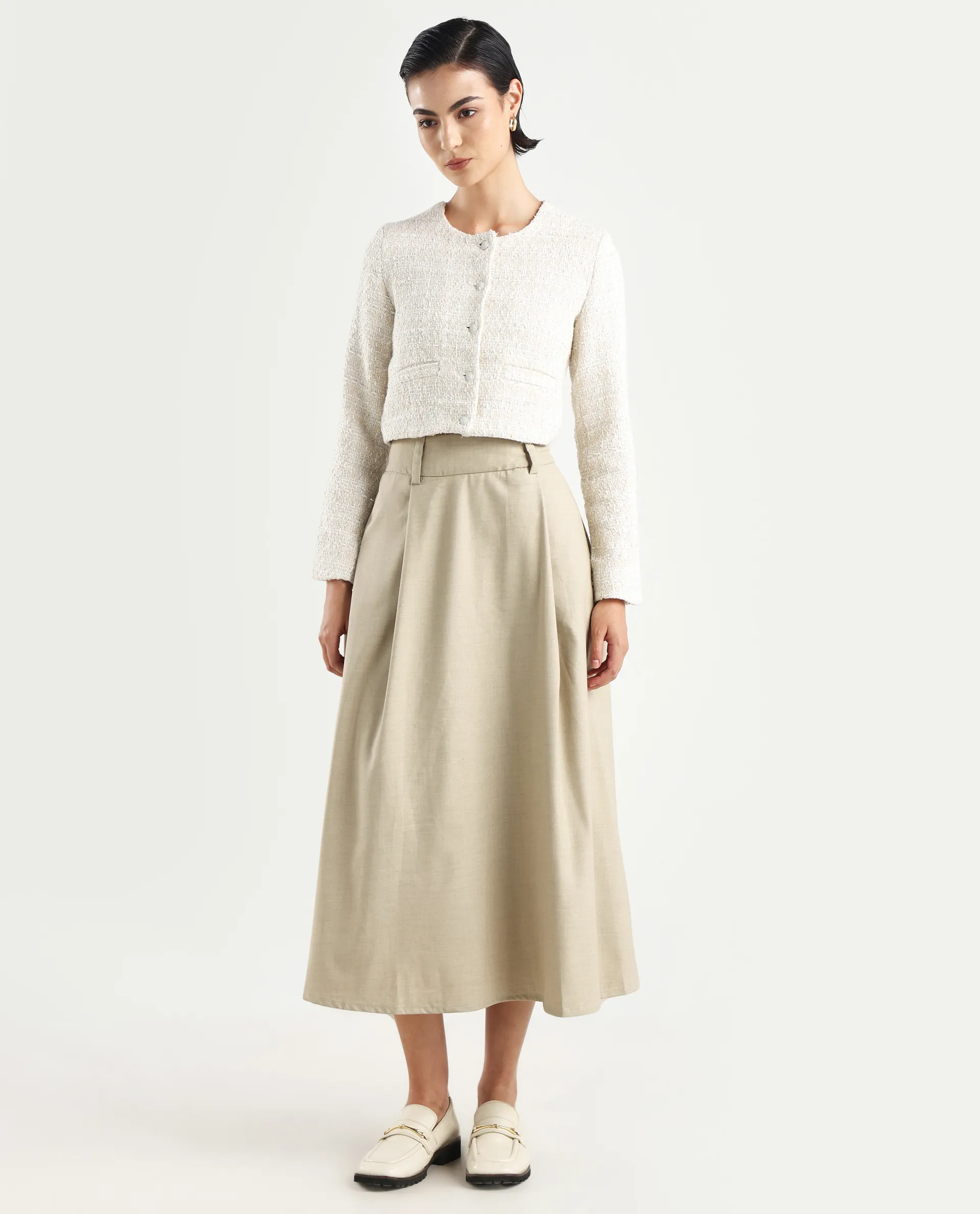 Rareism Women's Noblopa Beige Polyester Blend Plain Midi A-Line Skirt - Image 2