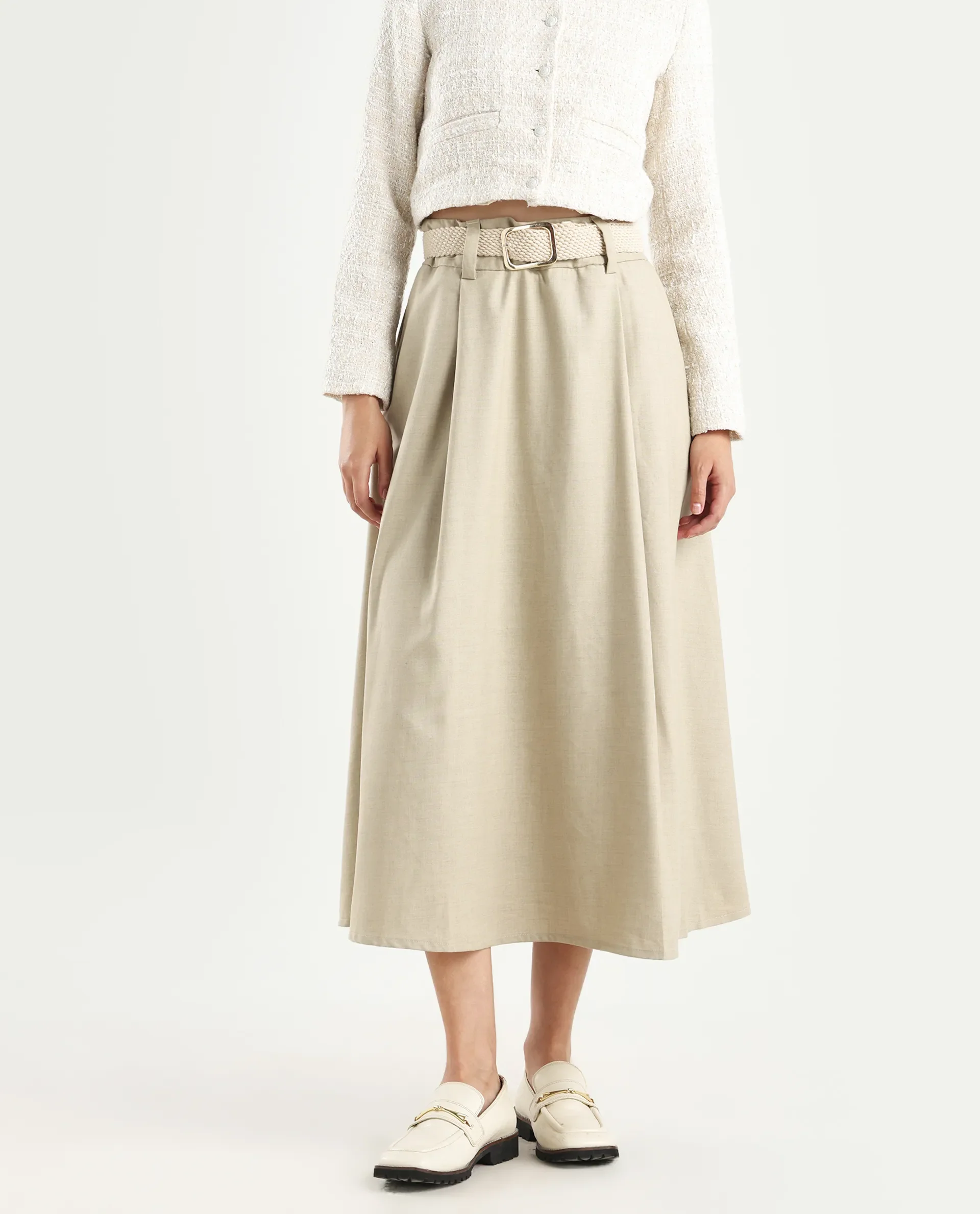 Rareism Women's Noblopa Beige Polyester Blend Plain Midi A-Line Skirt - Image 3
