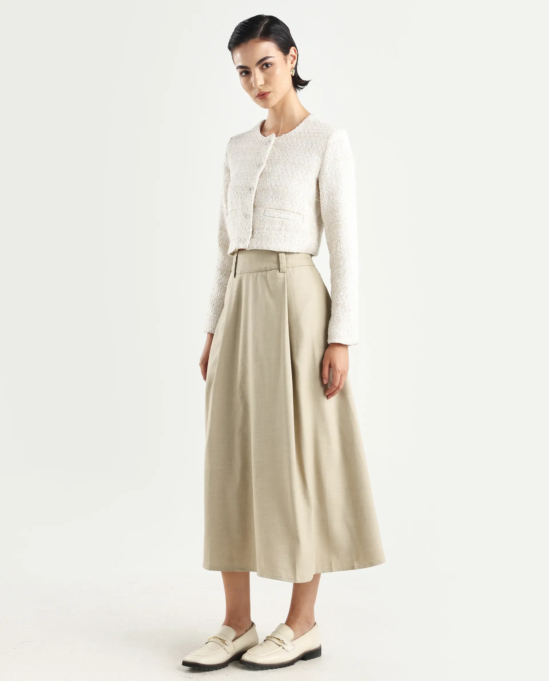 Rareism Women's Noblopa Beige Polyester Blend Plain Midi A-Line Skirt - Image 5