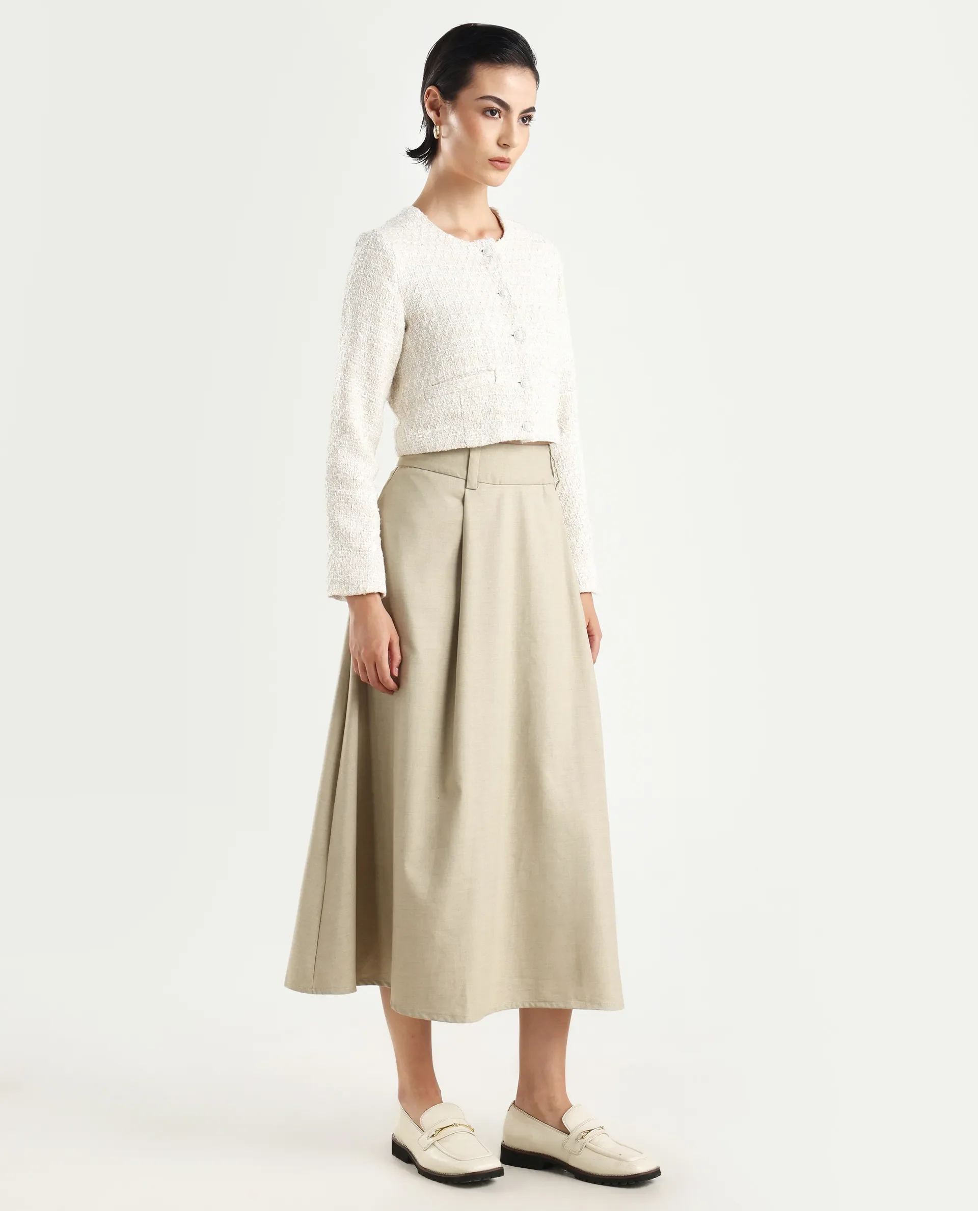 Rareism Women's Noblopa Beige Polyester Blend Plain Midi A-Line Skirt - Image 6