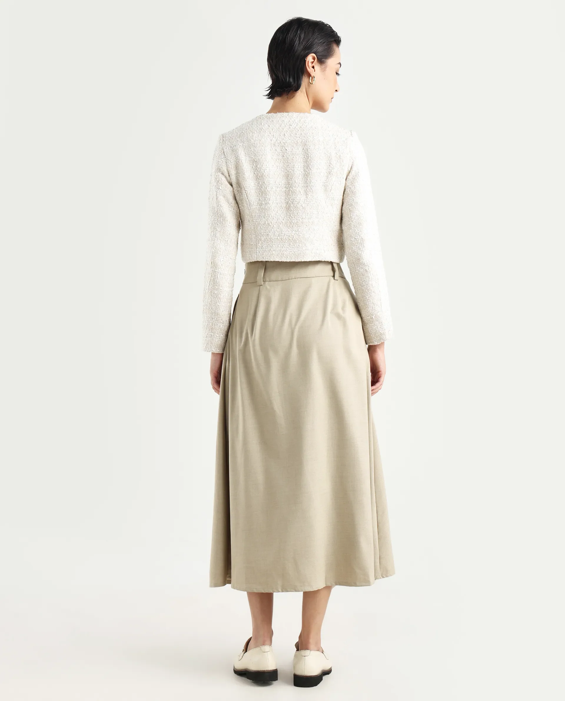 Rareism Women's Noblopa Beige Polyester Blend Plain Midi A-Line Skirt - Image 7