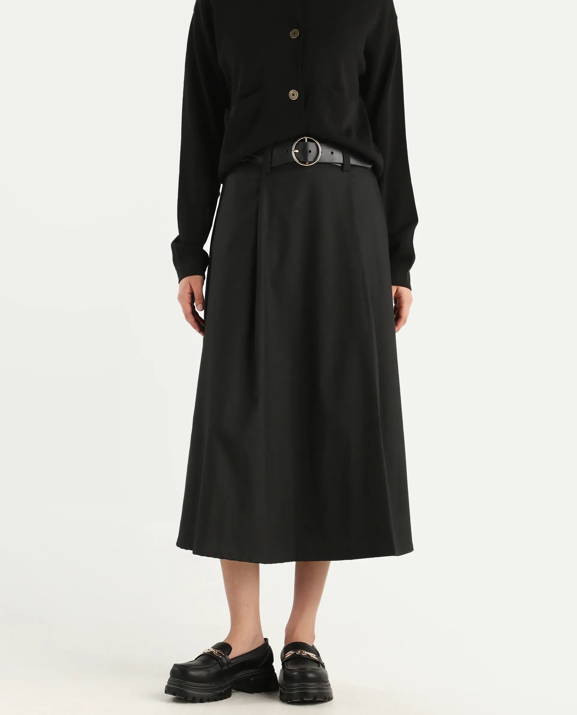 Rareism Women's Noblopa Black Polyester Blend Plain Midi A-Line Skirt - Image 2