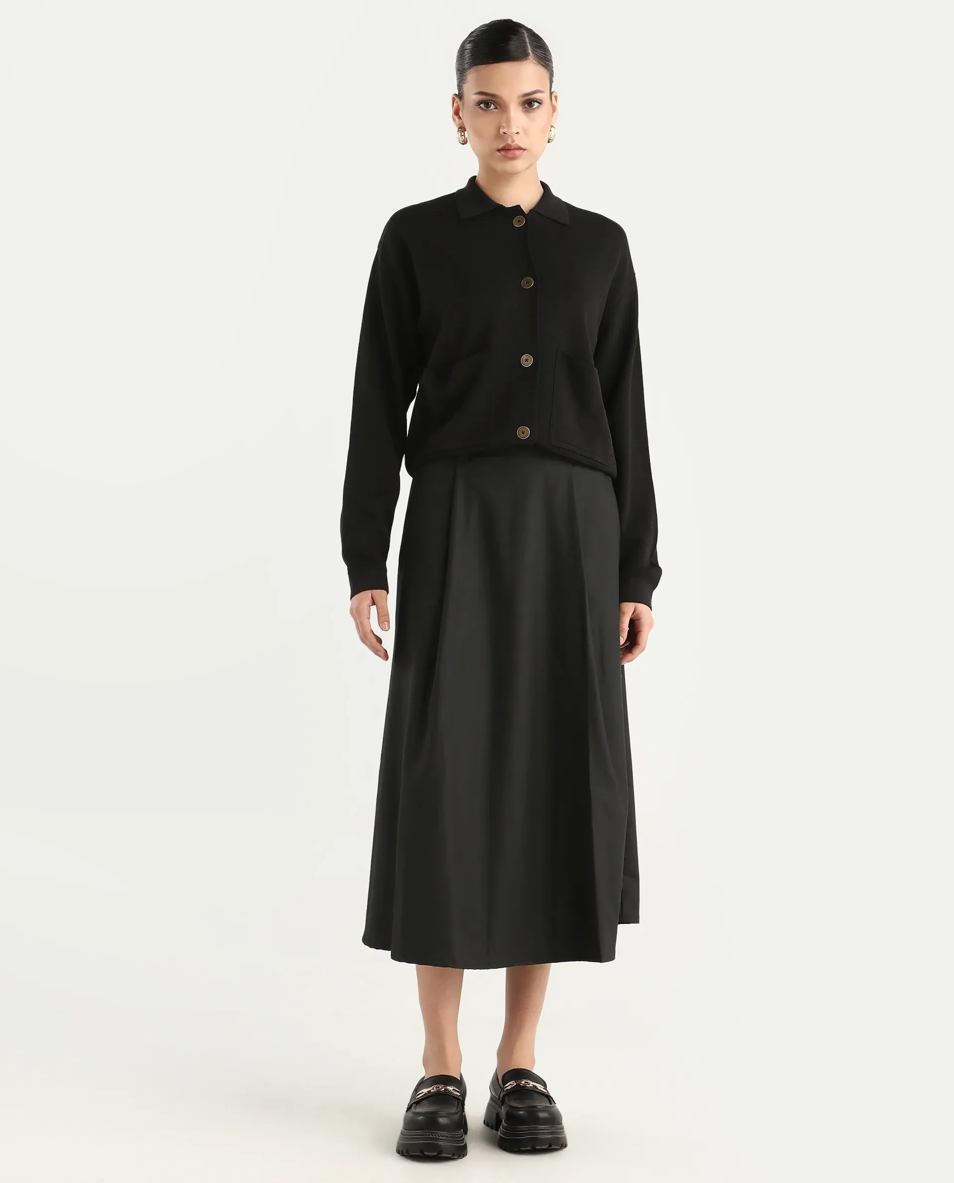 Rareism Women's Noblopa Black Polyester Blend Plain Midi A-Line Skirt - Image 3