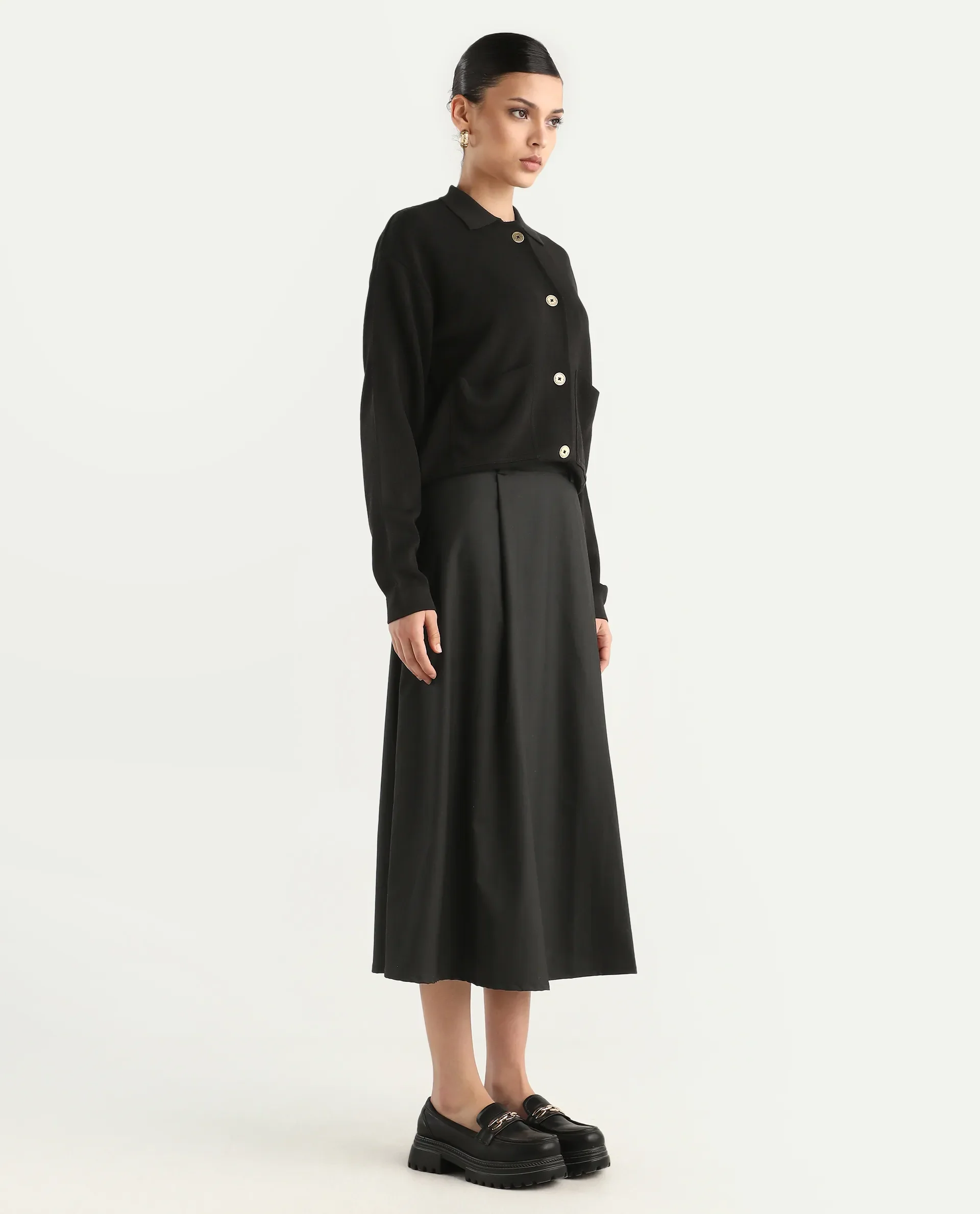 Rareism Women's Noblopa Black Polyester Blend Plain Midi A-Line Skirt - Image 6