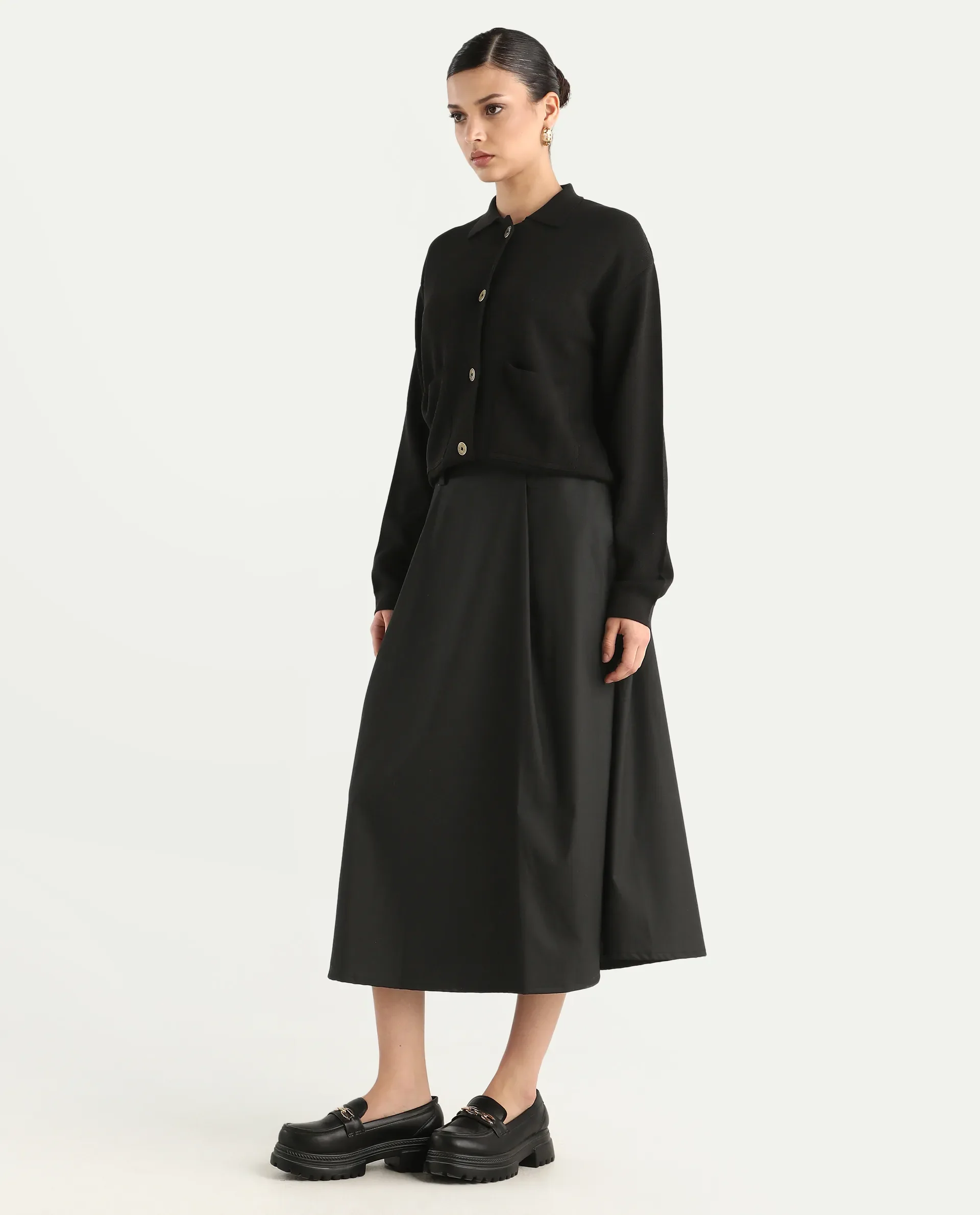 Rareism Women's Noblopa Black Polyester Blend Plain Midi A-Line Skirt - Image 7