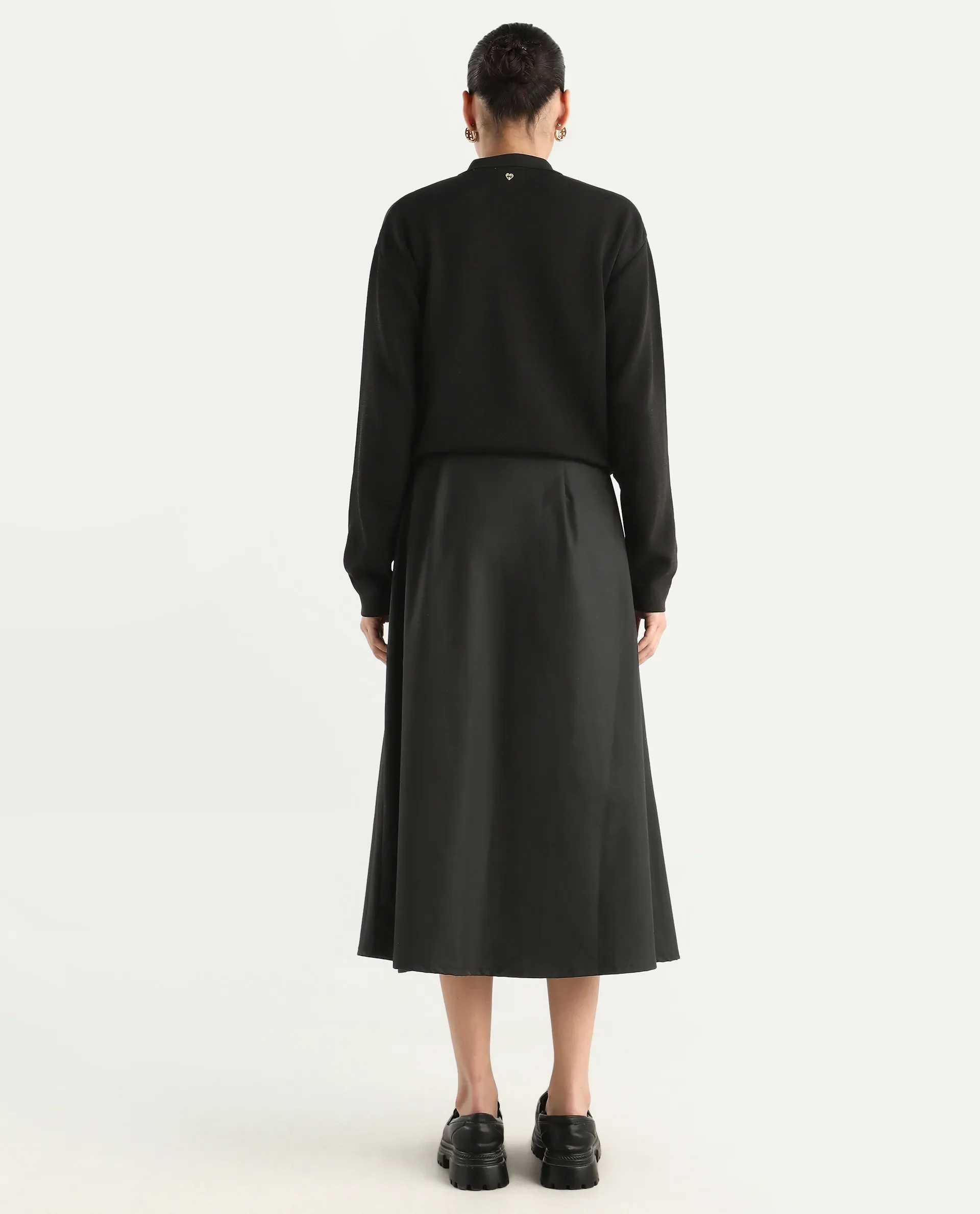 Rareism Women's Noblopa Black Polyester Blend Plain Midi A-Line Skirt - Image 8