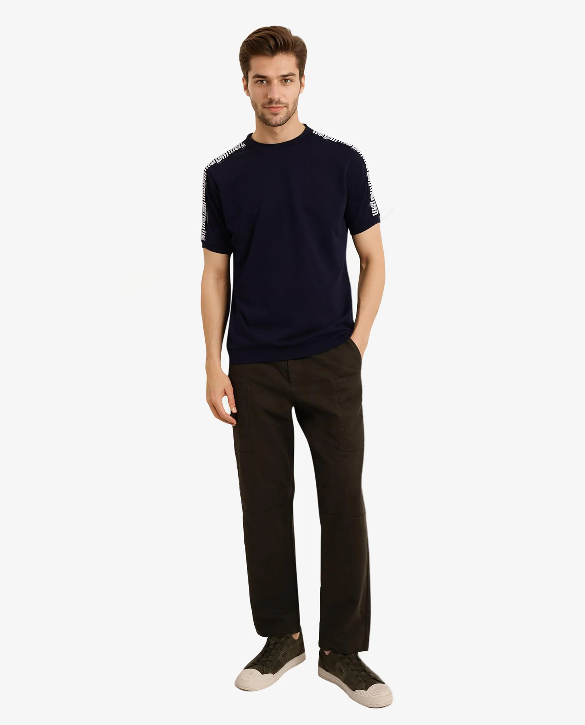 Rare Rabbit Men's Nobo Navy Cotton Monogram Print Oversized Fit Half Sleeve Crew Neck T-Shirt - Image 2