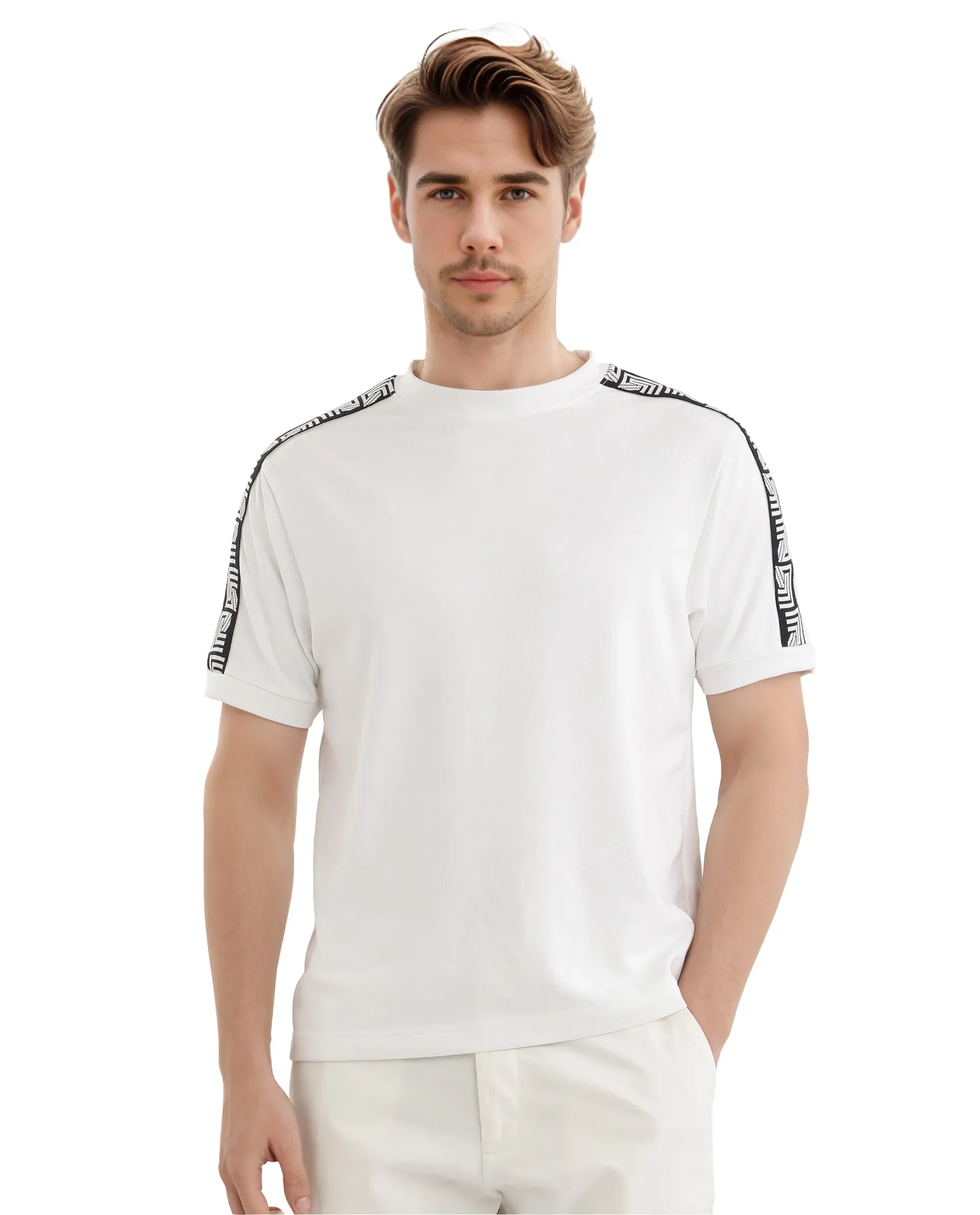 Rare Rabbit Men's Nobo White Cotton Monogram Print Oversized Fit Half Sleeve Crew Neck T-Shirt - Image 8