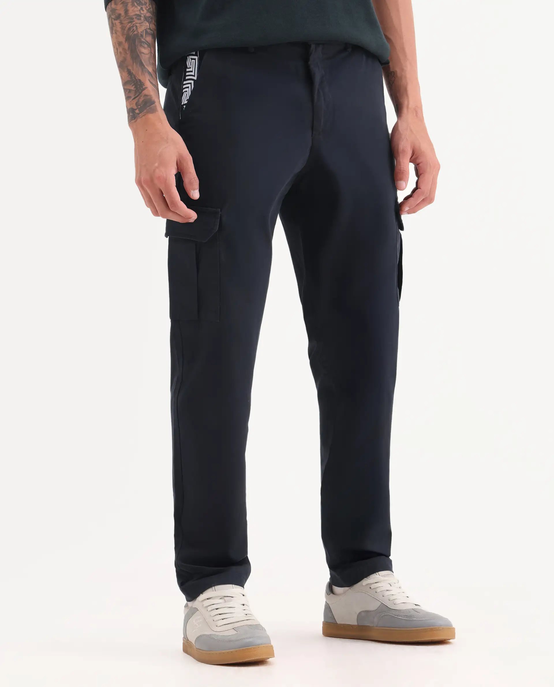 Rare Rabbit Men's Nobon Navy Cotton Plain Regular Fit Trouser - Image 2