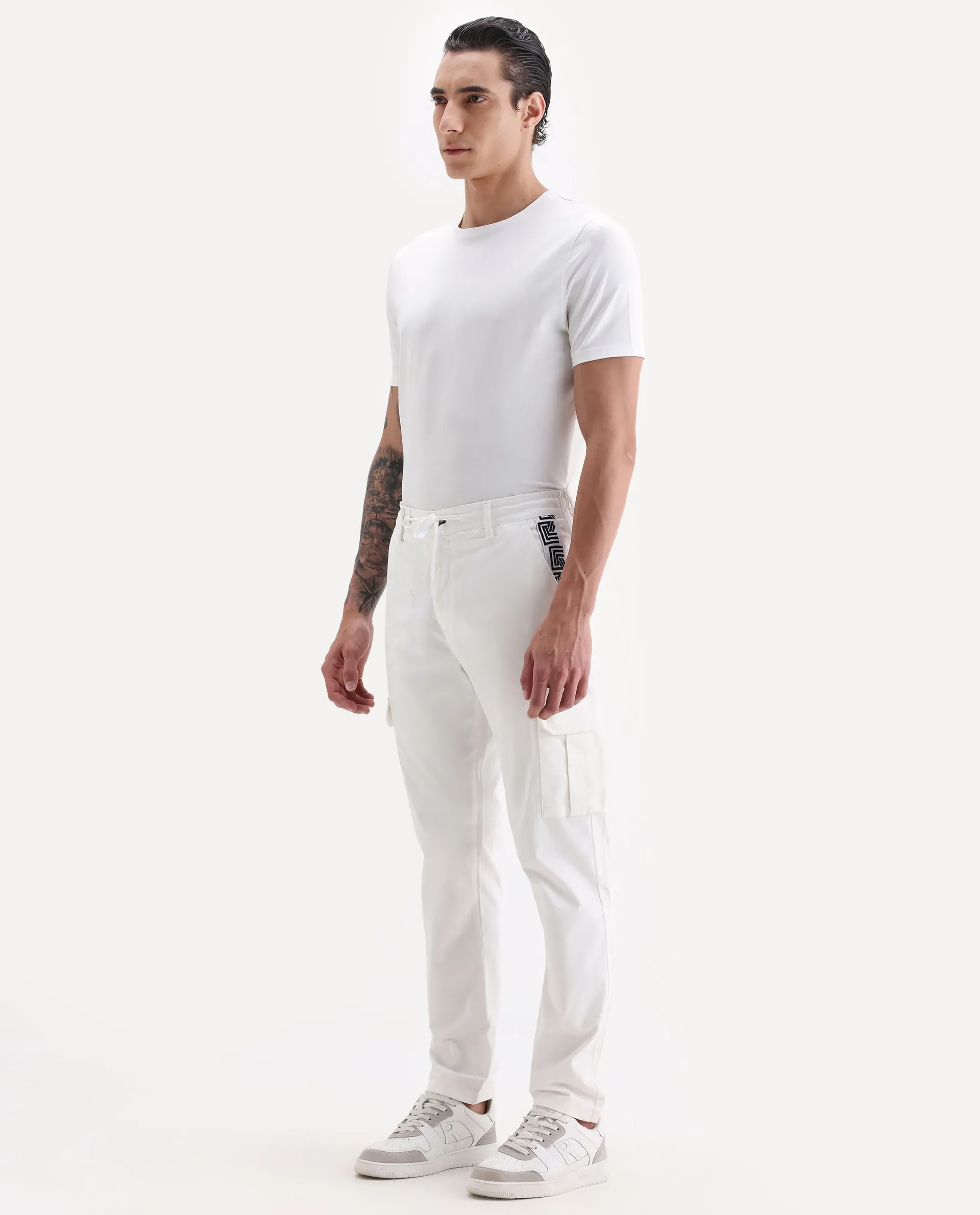 Rare Rabbit Men's Nobon White Cotton Plain Regular Fit Trouser - Image 4