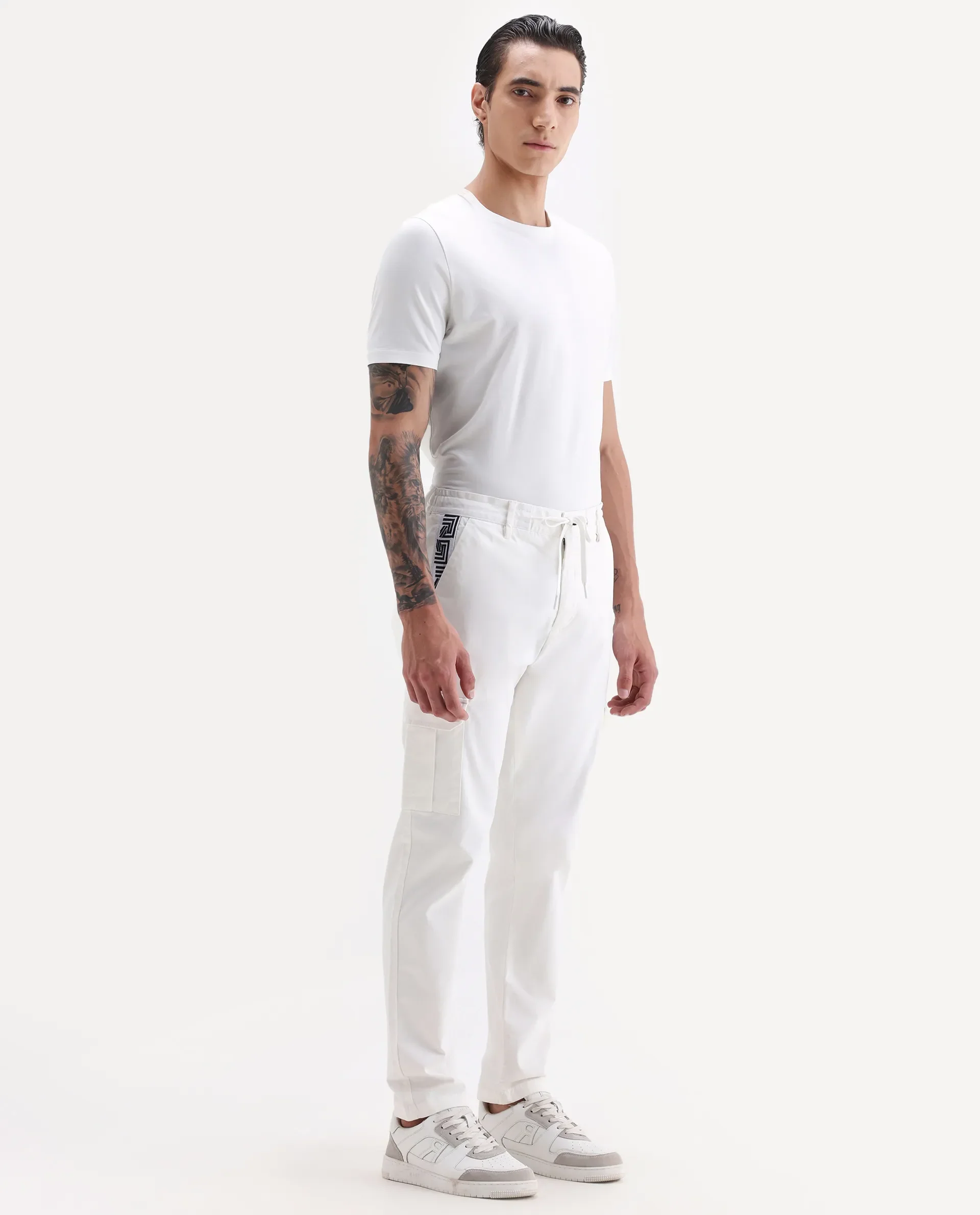Rare Rabbit Men's Nobon White Cotton Plain Regular Fit Trouser - Image 5