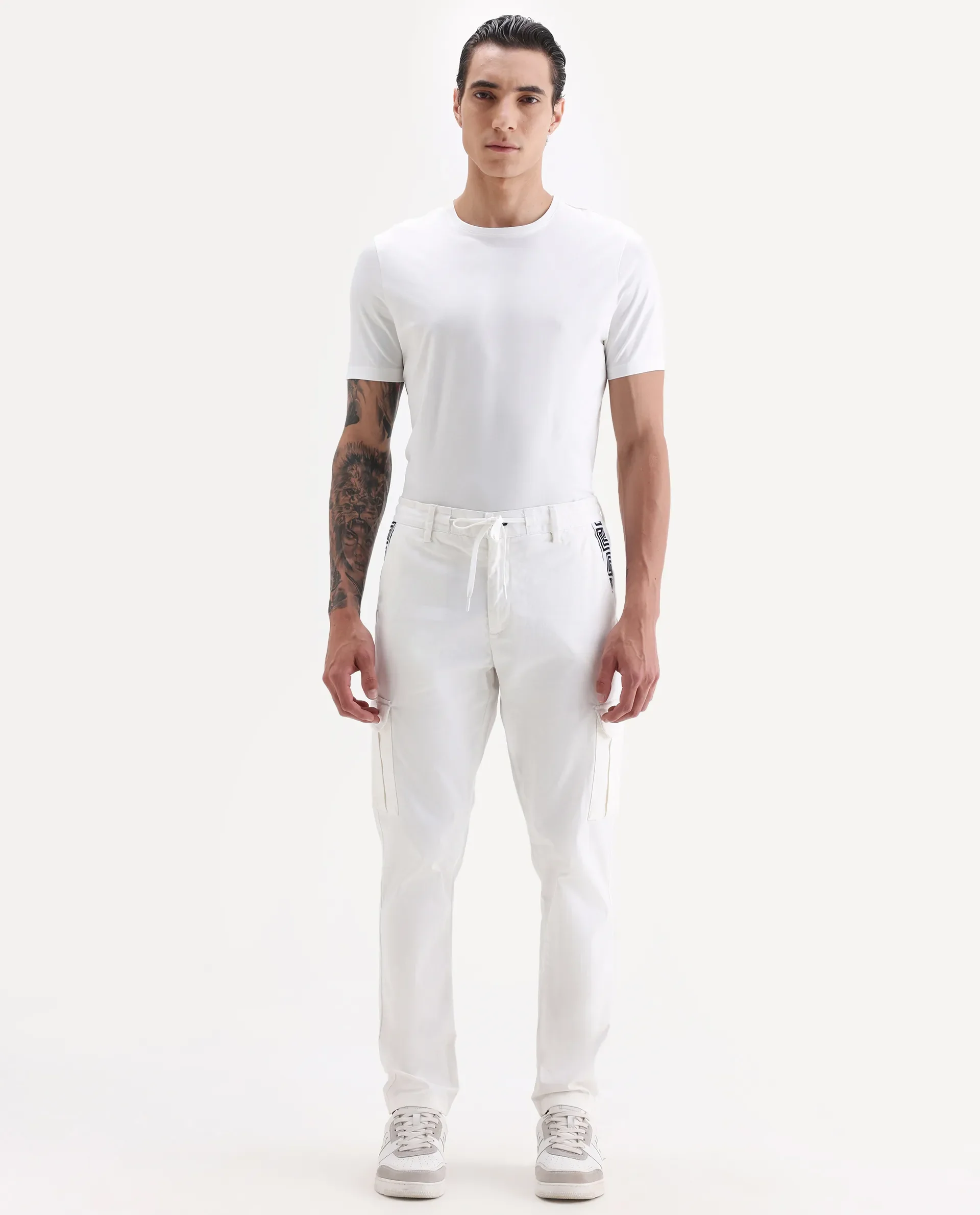 Rare Rabbit Men's Nobon White Cotton Plain Regular Fit Trouser - Image 7