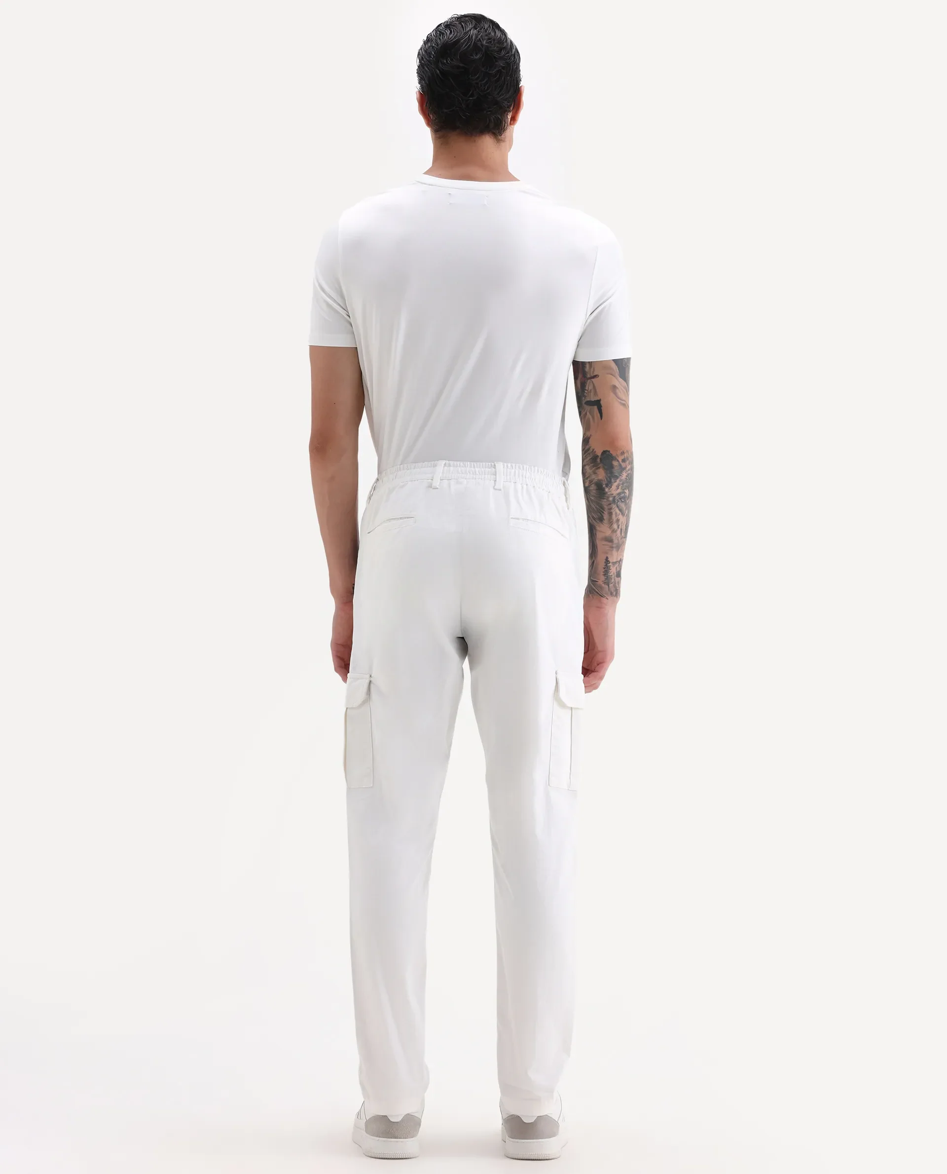 Rare Rabbit Men's Nobon White Cotton Plain Regular Fit Trouser - Image 8