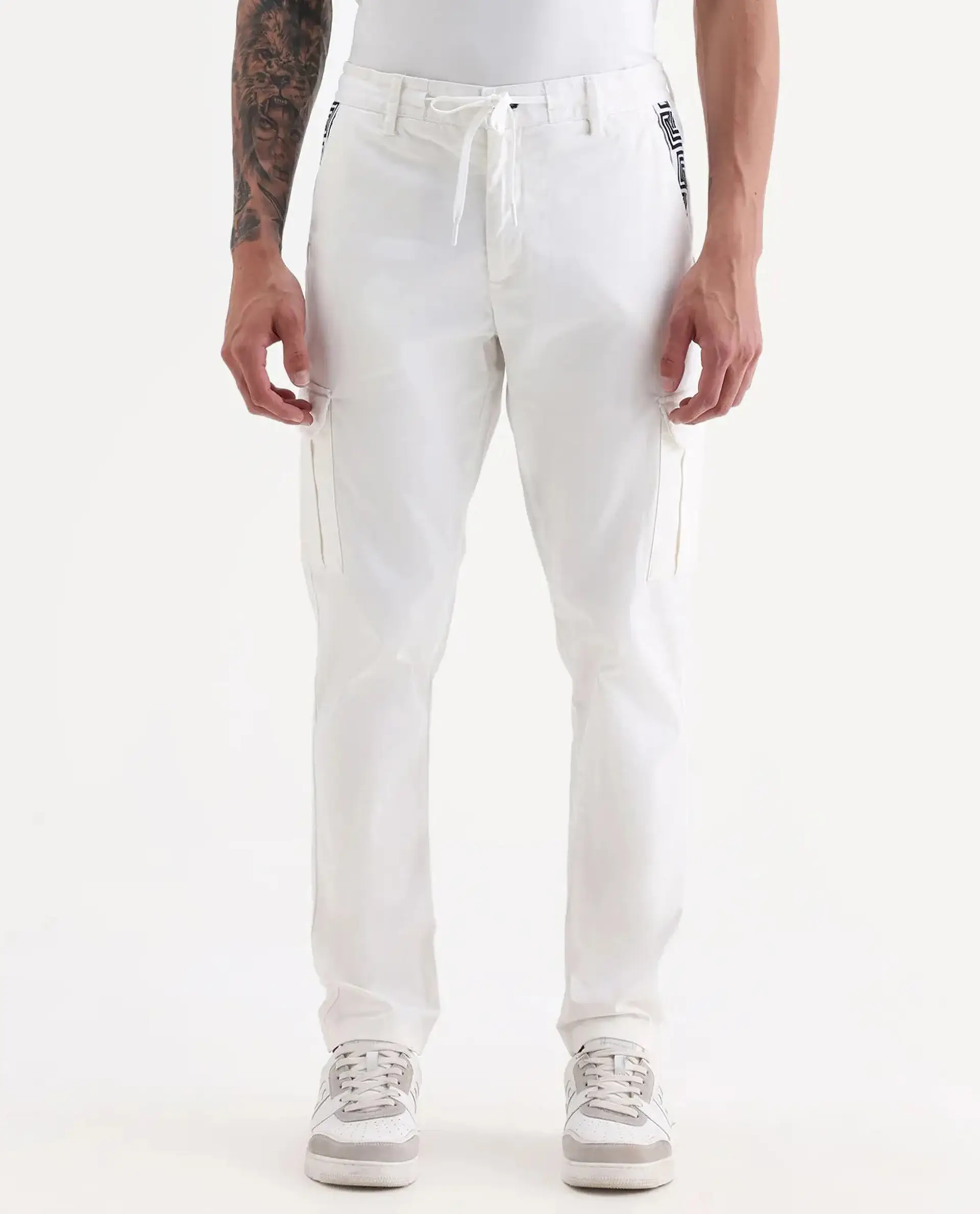 Rare Rabbit Men's Nobon White Cotton Plain Regular Fit Trouser - Image 9