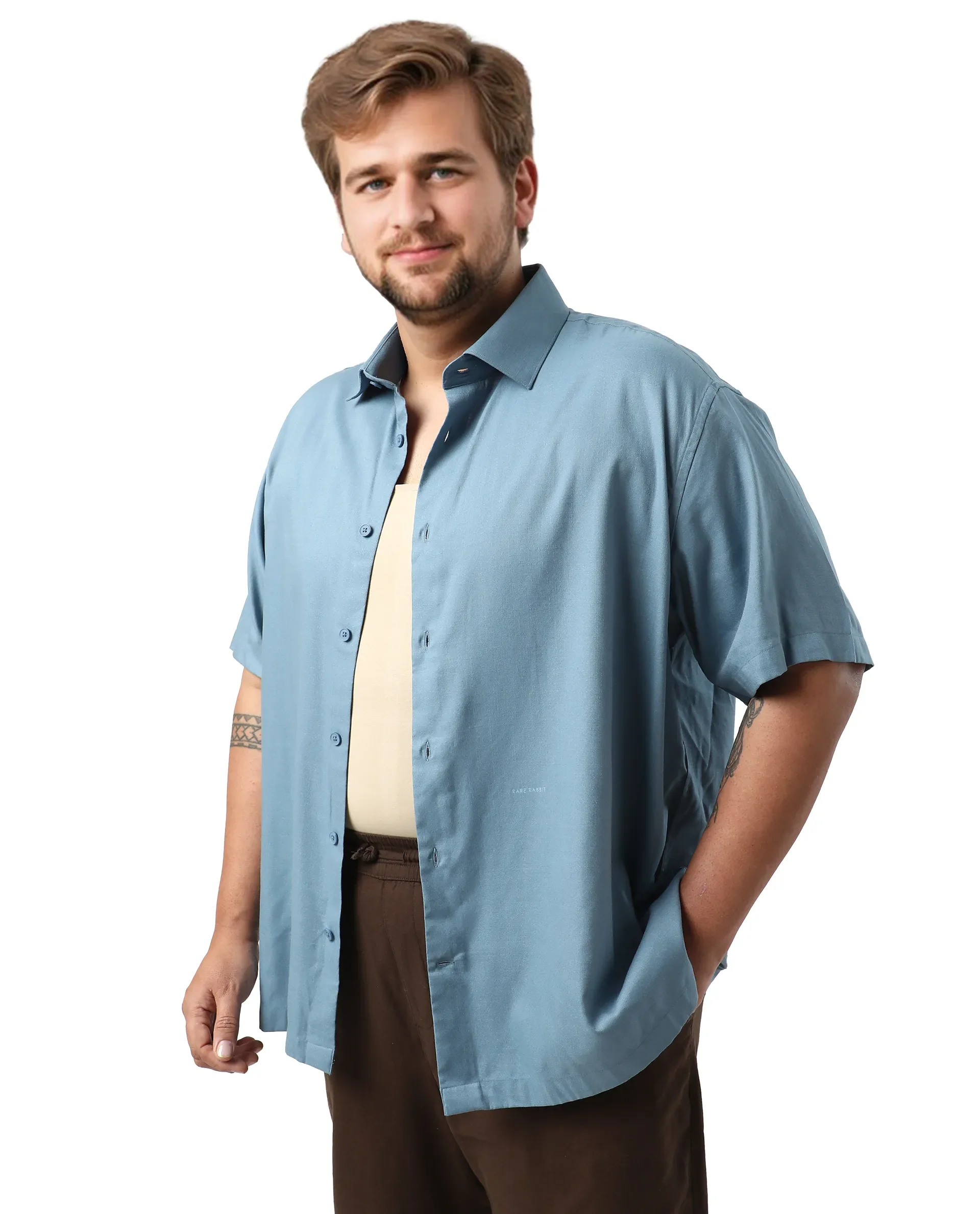 Rare Rabbit Men's Noel Big Light Petrol Cotton Fabric Short Sleeve Collared Neck Button Closure Plain Shirt - Image 4
