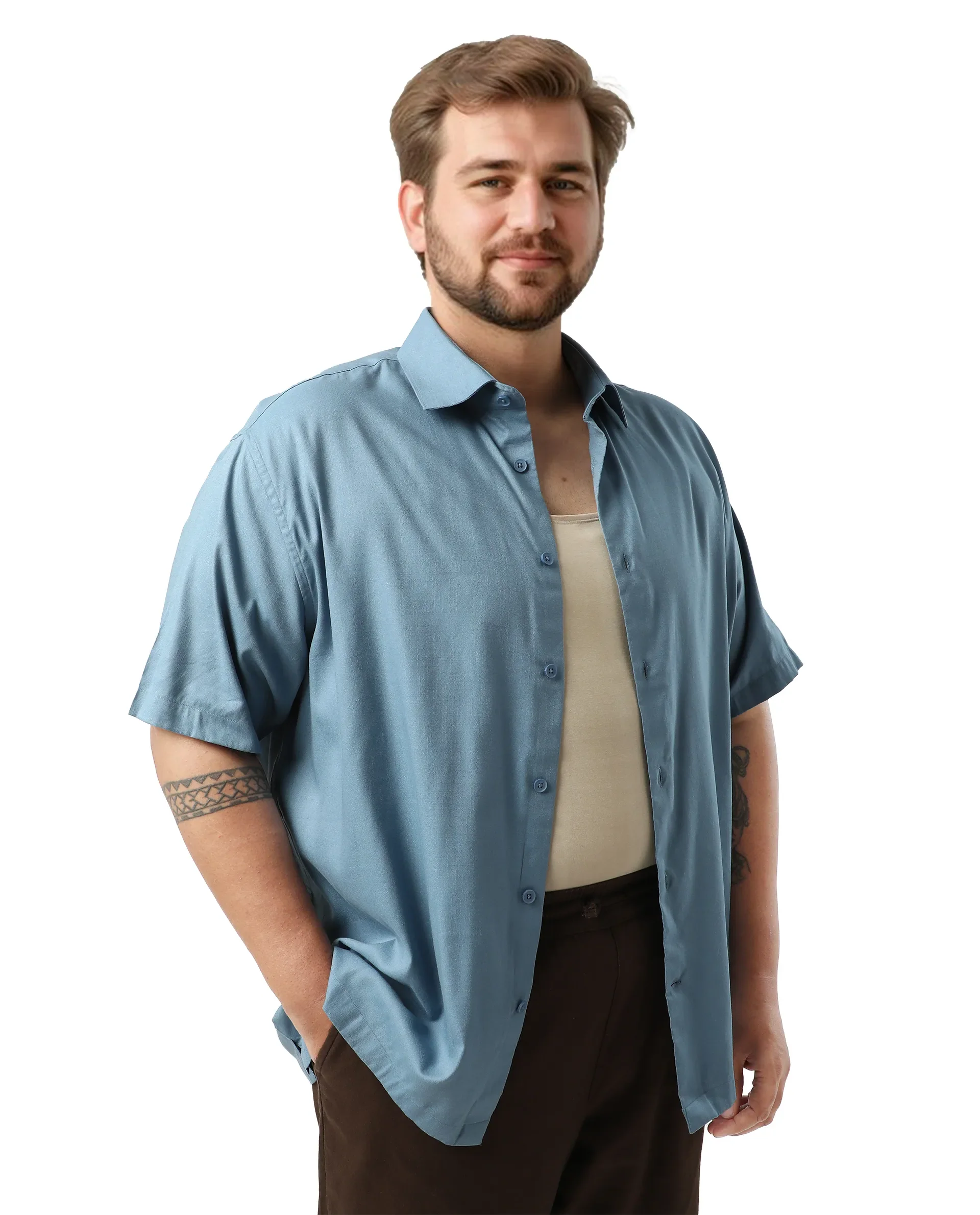 Rare Rabbit Men's Noel Big Light Petrol Cotton Fabric Short Sleeve Collared Neck Button Closure Plain Shirt - Image 5