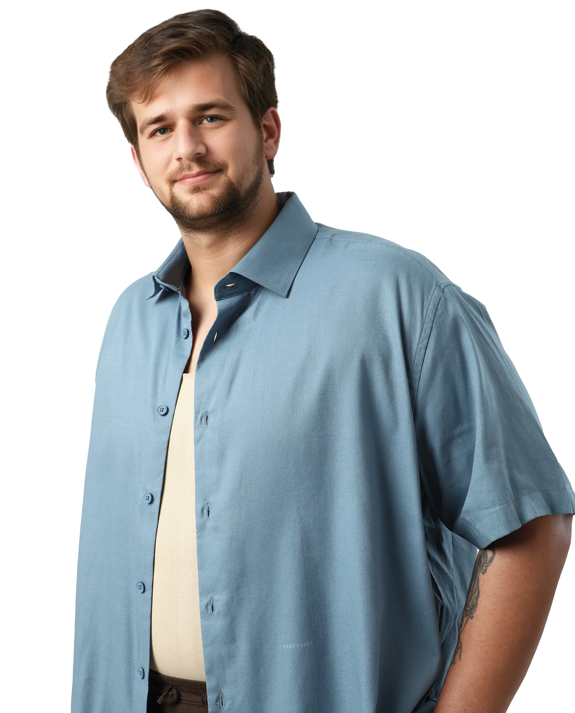 Rare Rabbit Men's Noel Big Light Petrol Cotton Fabric Short Sleeve Collared Neck Button Closure Plain Shirt - Image 6