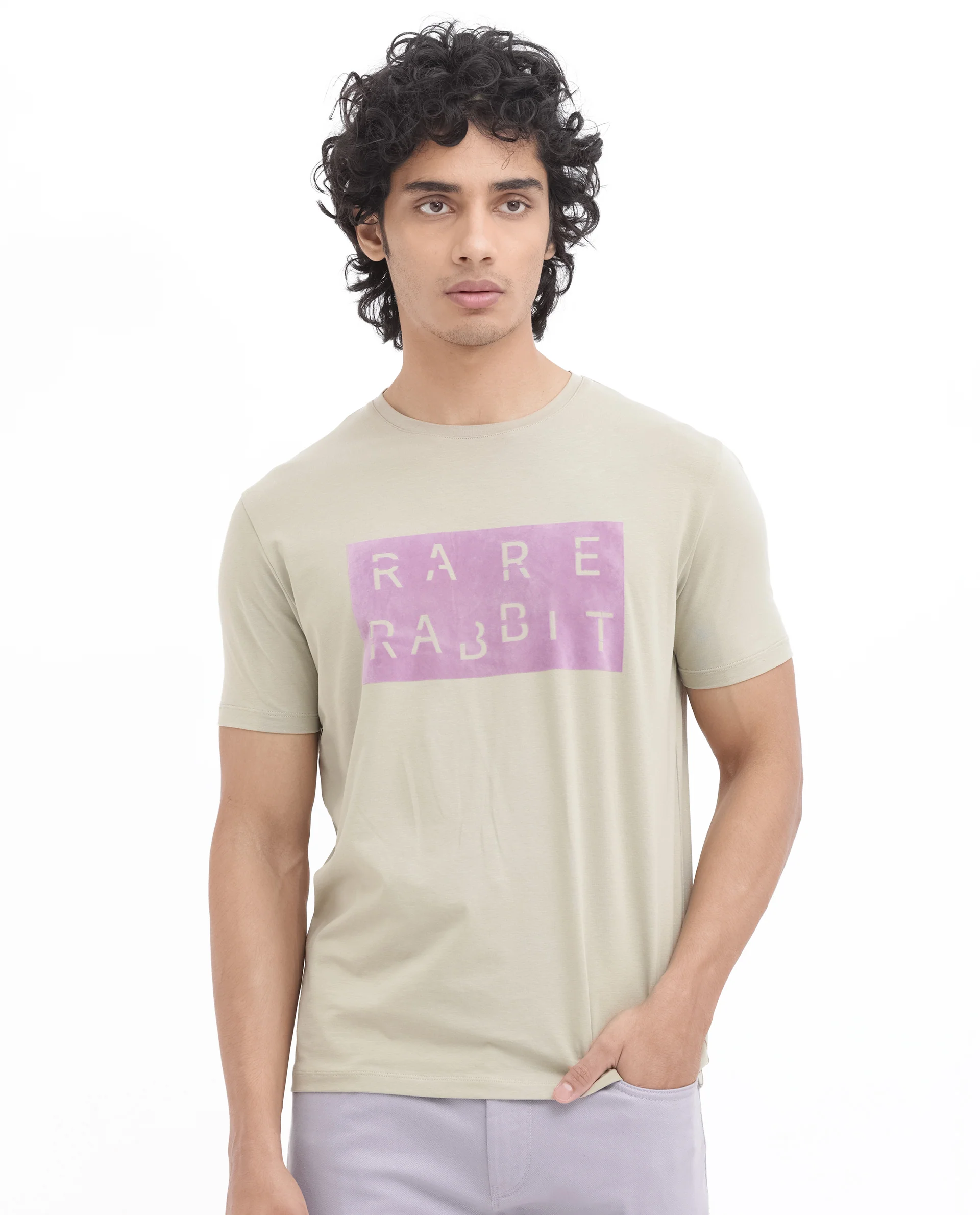 Rare Rabbit Men's Noir Light Green Cotton Blend Graphic Print Regular Fit Half Sleeve Crew Neck T-Shirt - Image 3