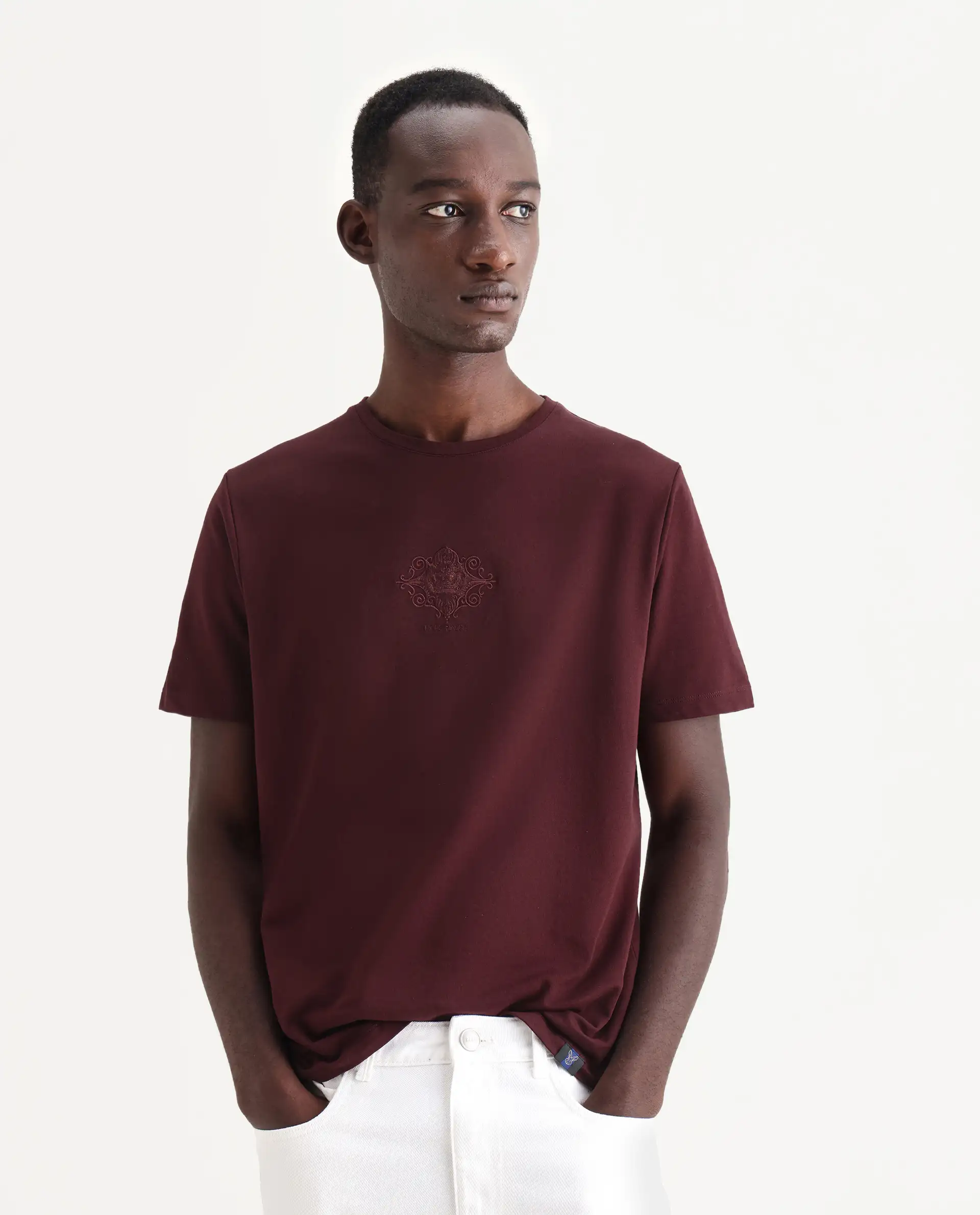 Rare Rabbit Men's Nok Maroon Cotton Embroidered Regular Fit Half Sleeve Crew Neck T-Shirt