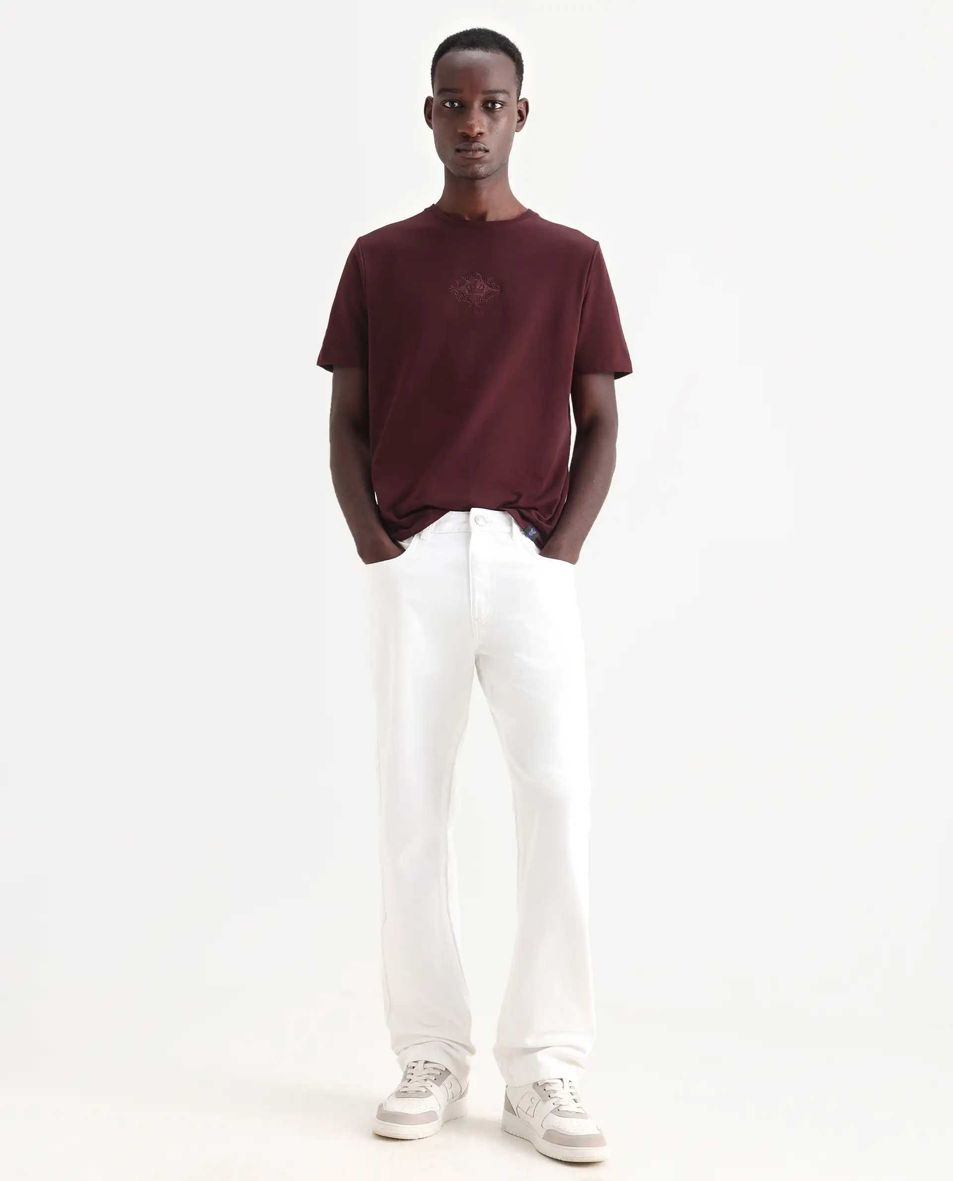Rare Rabbit Men's Nok Maroon Cotton Embroidered Regular Fit Half Sleeve Crew Neck T-Shirt - Image 2