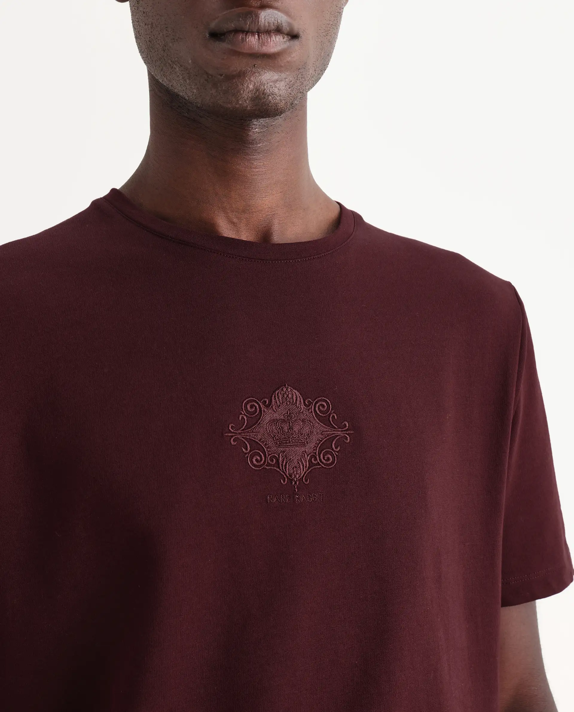 Rare Rabbit Men's Nok Maroon Cotton Embroidered Regular Fit Half Sleeve Crew Neck T-Shirt - Image 3