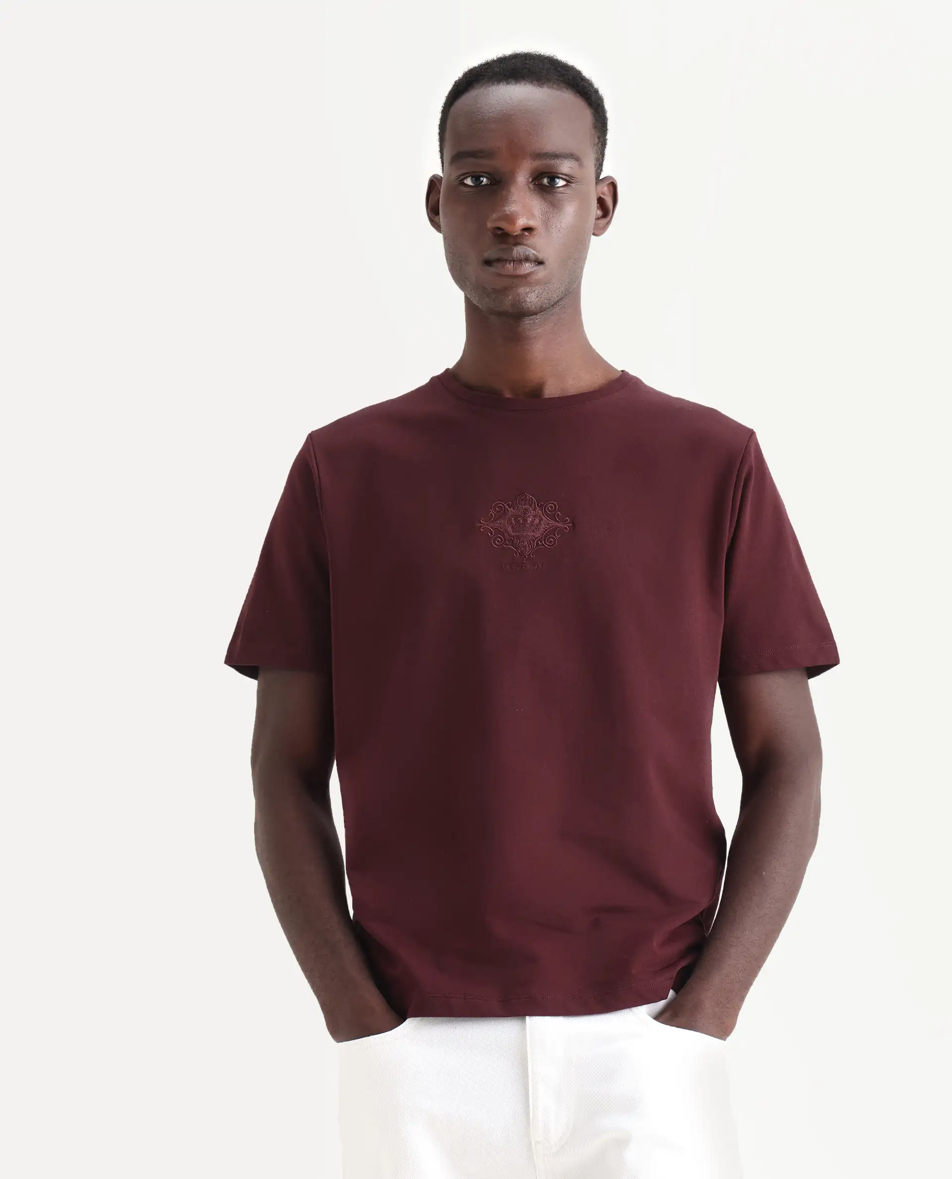 Rare Rabbit Men's Nok Maroon Cotton Embroidered Regular Fit Half Sleeve Crew Neck T-Shirt - Image 4