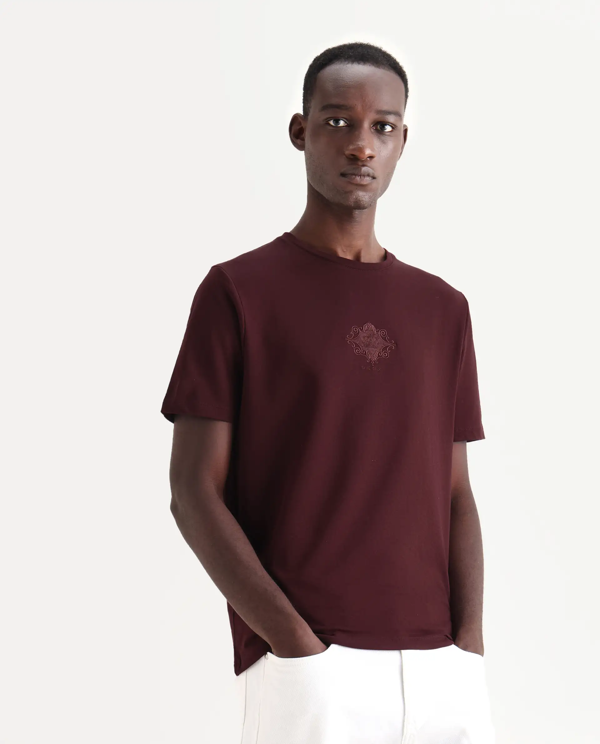 Rare Rabbit Men's Nok Maroon Cotton Embroidered Regular Fit Half Sleeve Crew Neck T-Shirt - Image 6