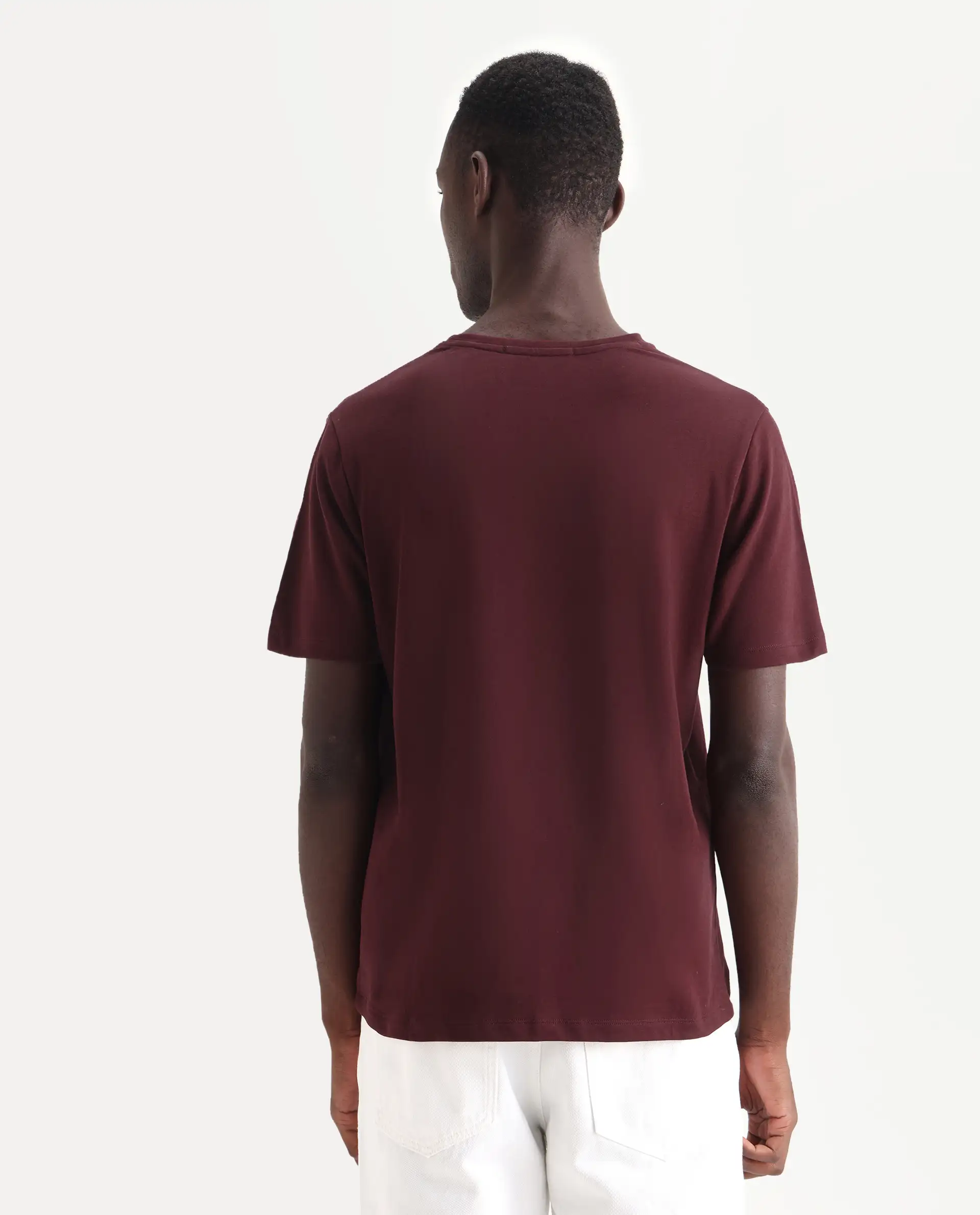 Rare Rabbit Men's Nok Maroon Cotton Embroidered Regular Fit Half Sleeve Crew Neck T-Shirt - Image 7
