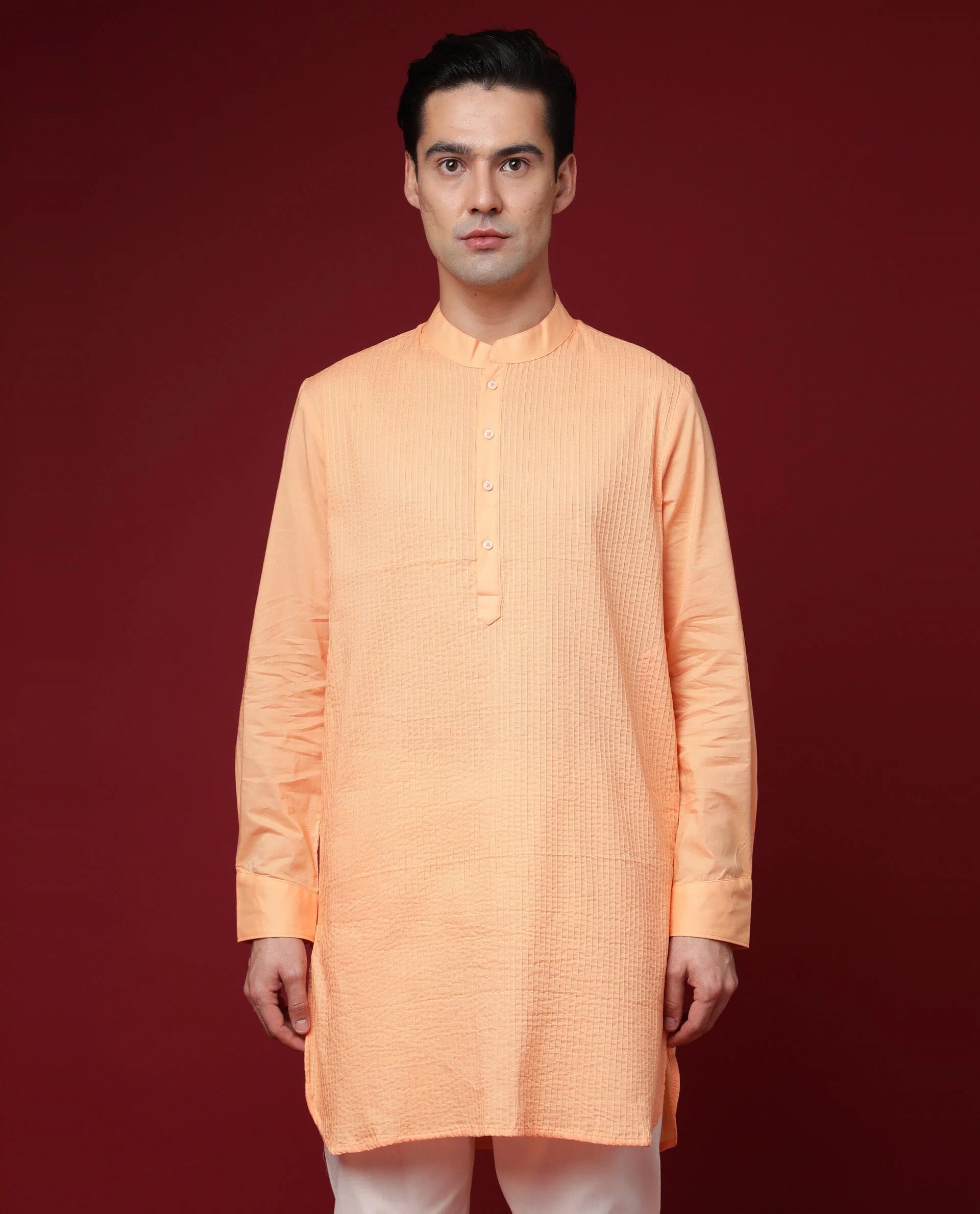 Rare Rabbit Men's Nolan Orange Cotton Striped Print Regular Fit Full Sleeve Mandarin Collar Kurta