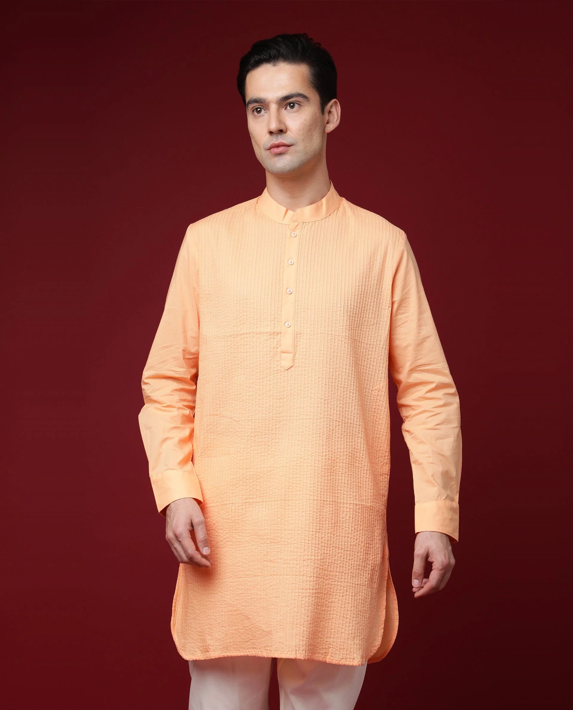 Rare Rabbit Men's Nolan Orange Cotton Striped Print Regular Fit Full Sleeve Mandarin Collar Kurta - Image 3