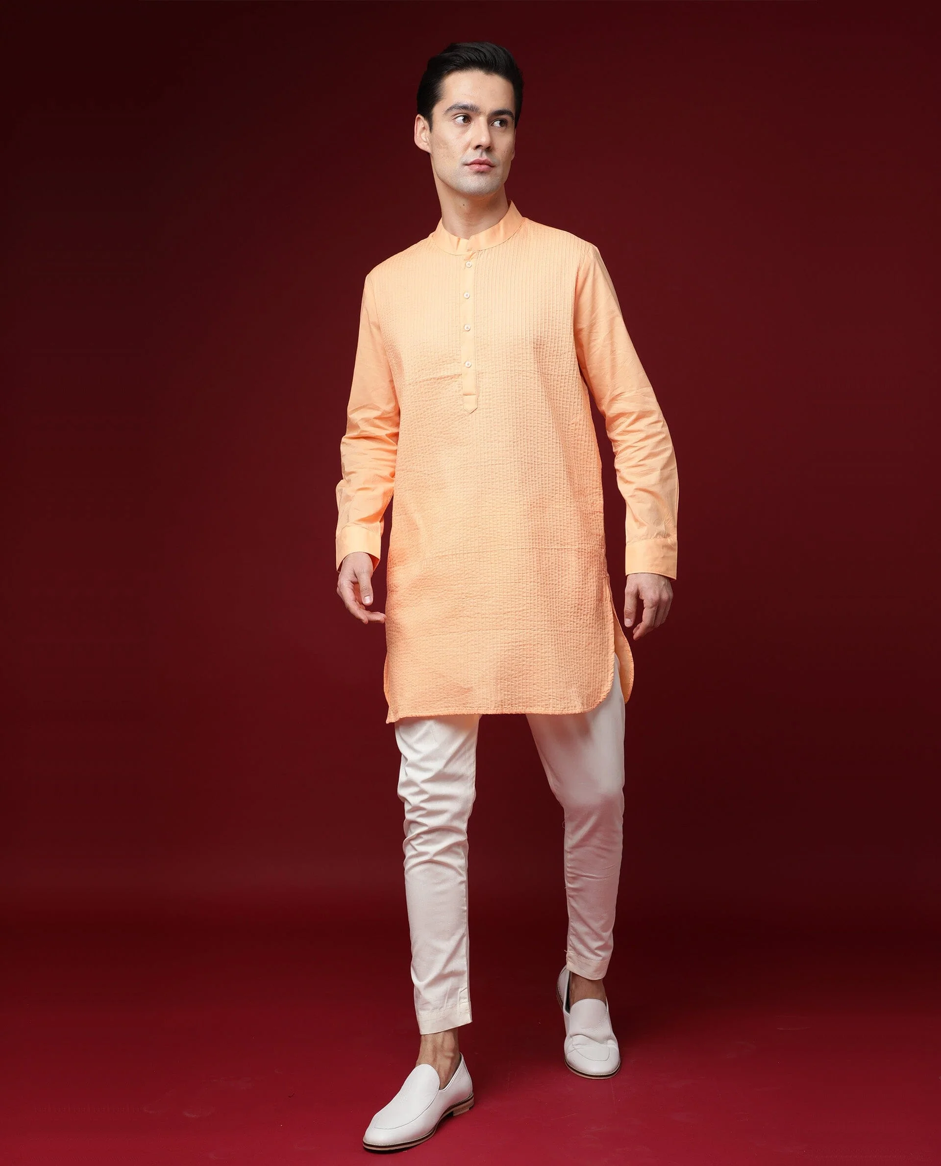 Rare Rabbit Men's Nolan Orange Cotton Striped Print Regular Fit Full Sleeve Mandarin Collar Kurta - Image 5